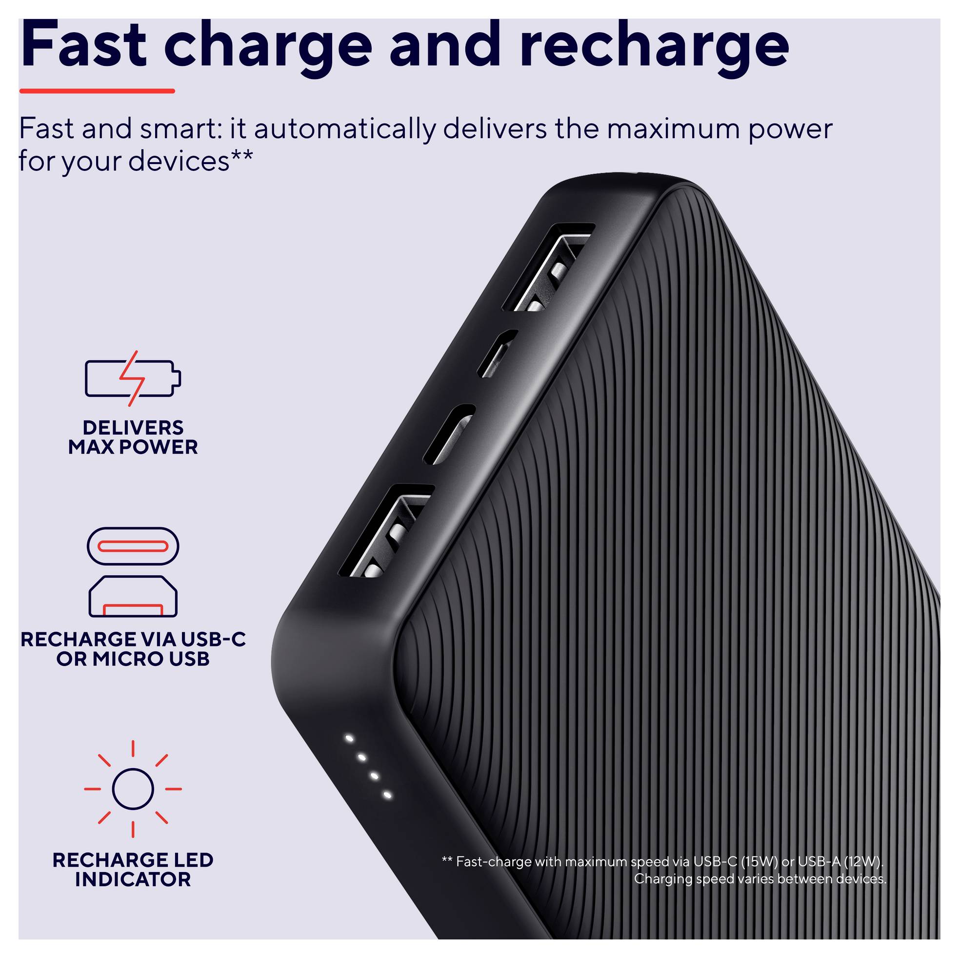 Tragbare Powerbank mit der Überschrift „Schnelles Laden und Aufladen