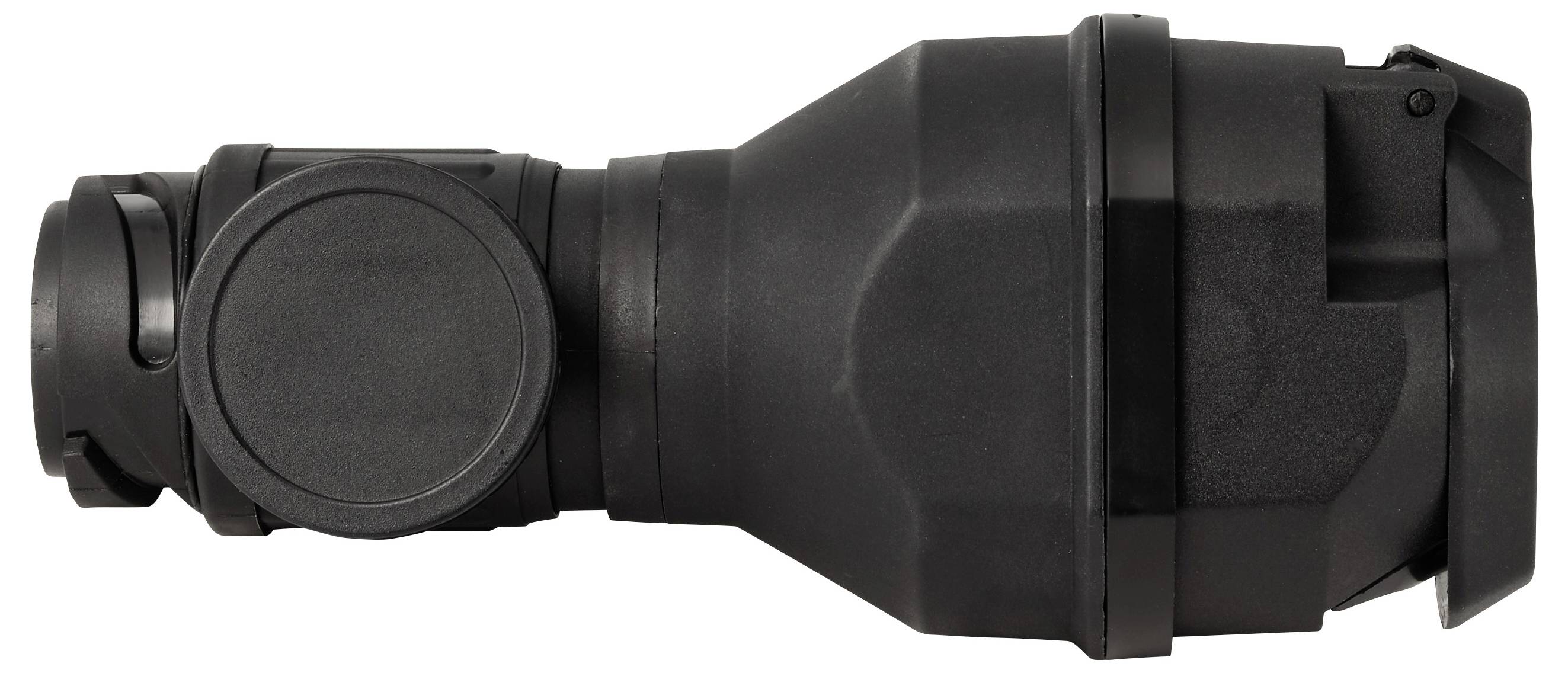 Schwarzer zylindrischer Elektrostecker oder Steckverbinder, in Seitenansicht auf weißem Hintergrund dargestellt.