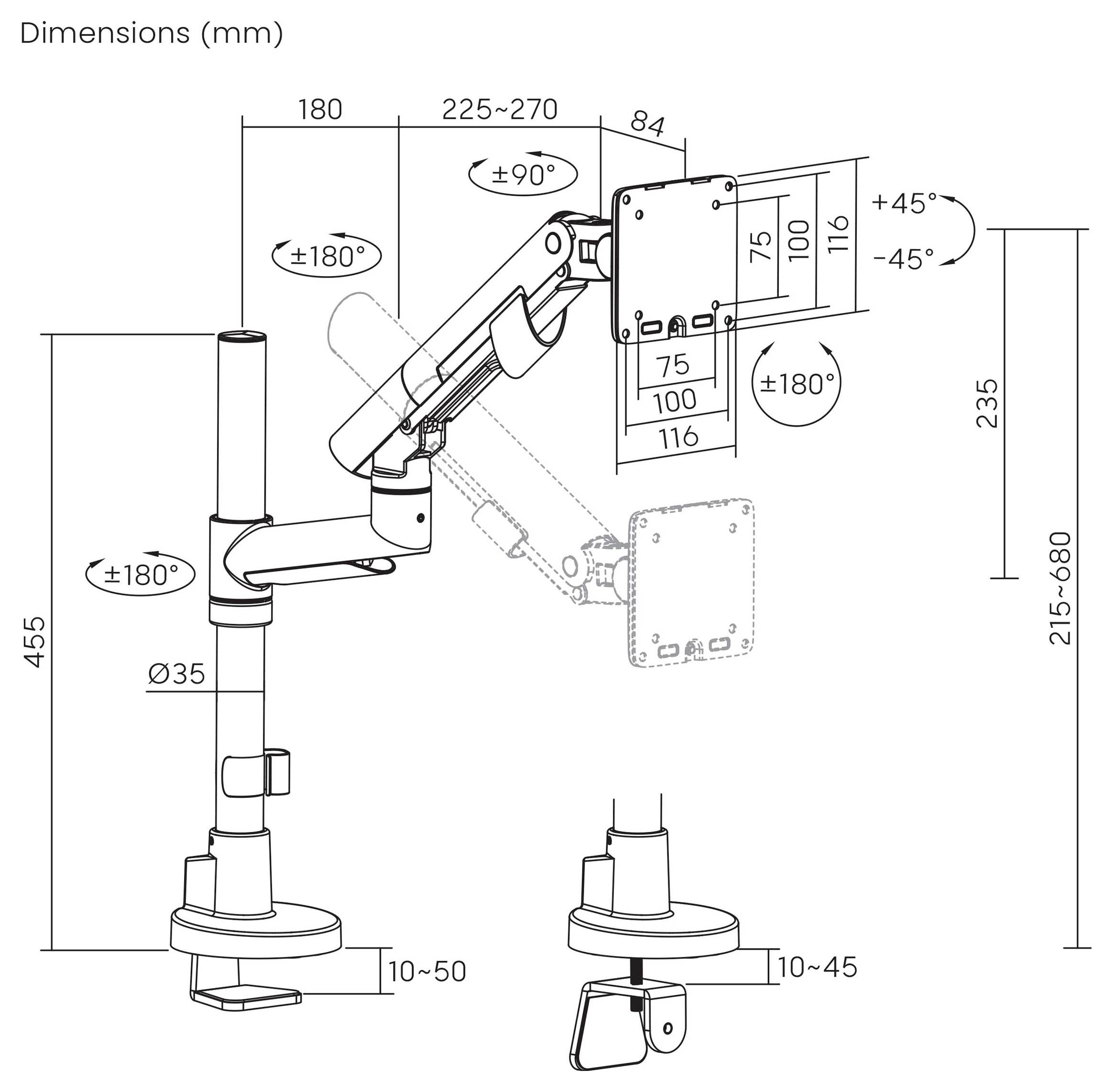 SpeaKa Professional SP-MM-1080 Monitorhalterung 1 43,2cm (17") - 124,5cm (49") Weiß Schwenkbar, Rotierbar