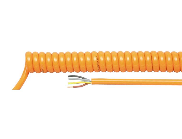 Oranges aufgerolltes Kabel mit separaten freigelegten Drähten, die darunter auf weißem Hintergrund herausragen.