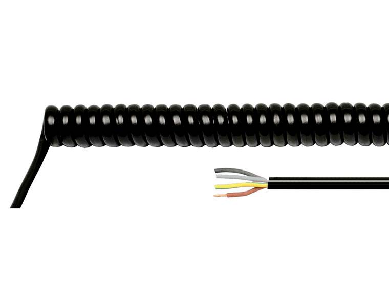 Schwarzes gewickeltes Kabel mit freiliegenden mehrfarbigen inneren Drähten am Schnittende auf weißem Hintergrund.