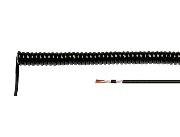 Aufgerolltes schwarzes Kabel, das mit einem geraden abisolierten Drahtende mit freigelegten farbigen Leitern verbunden ist.