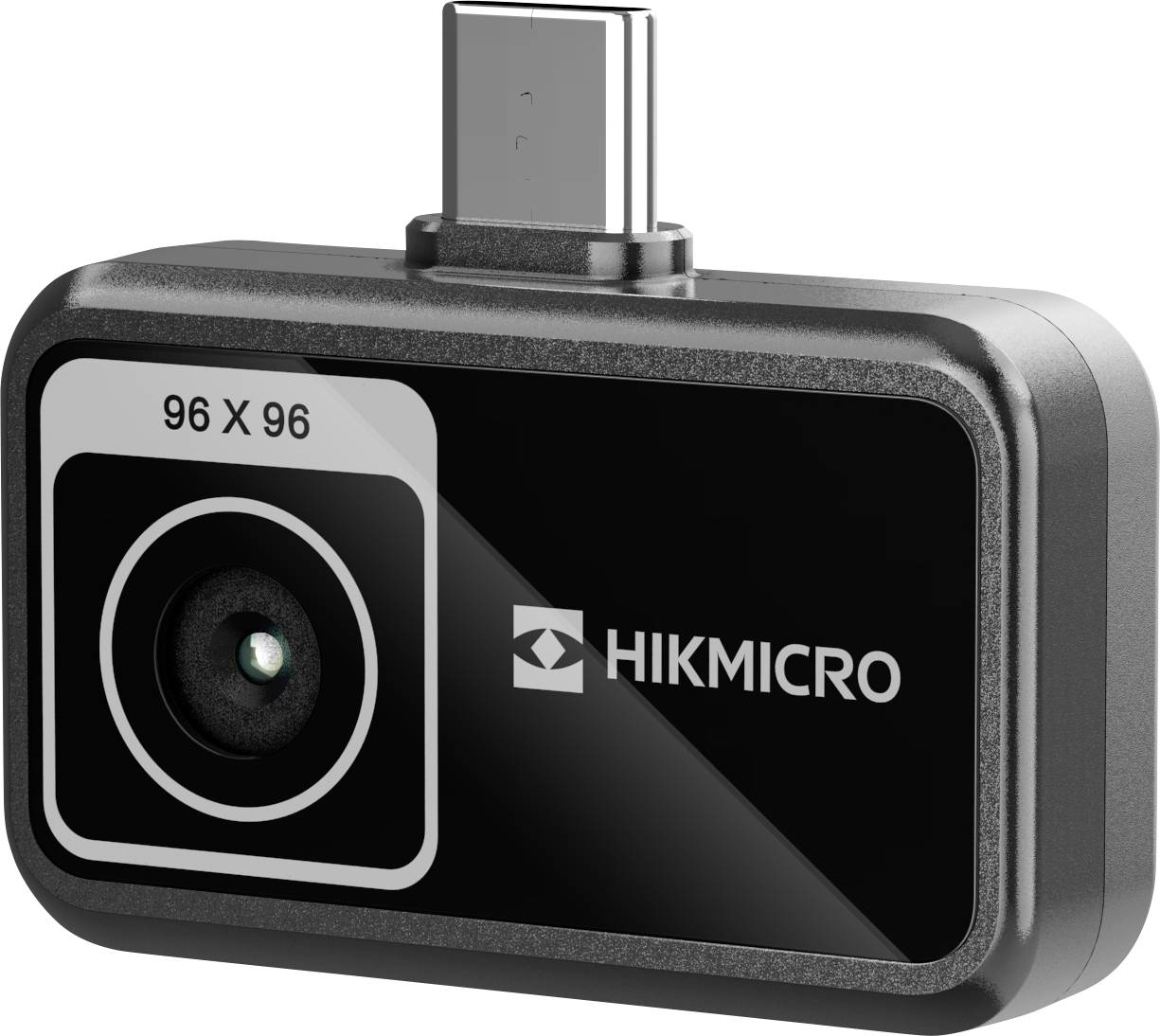 HIKMICRO 96 x 96 Wärmekameraaufsatz mit Frontlinse und USB-C-Anschluss auf weißem Hintergrund