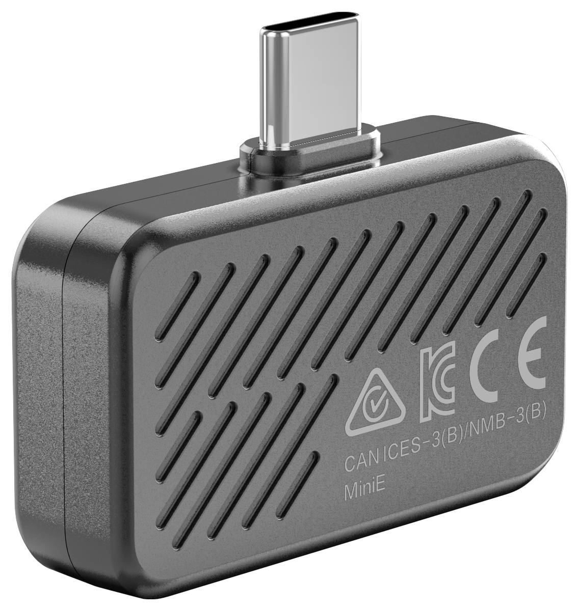 Kompakter schwarzer USB-C-Adapter mit der Bezeichnung „MiniE