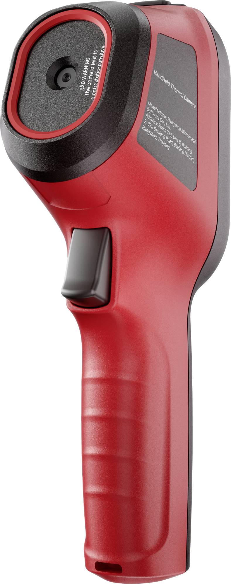 Rotes tragbares Infrarot-Thermometer-Gewehr mit Auslöser, vor weißem Hintergrund gezeigt.