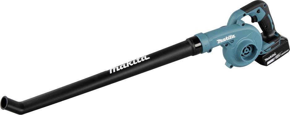 Kabelloses Makita-Laubgebläse mit langem schwarzem Aufsatz und petrolblauem Gehäuse auf weißem Hintergrund.