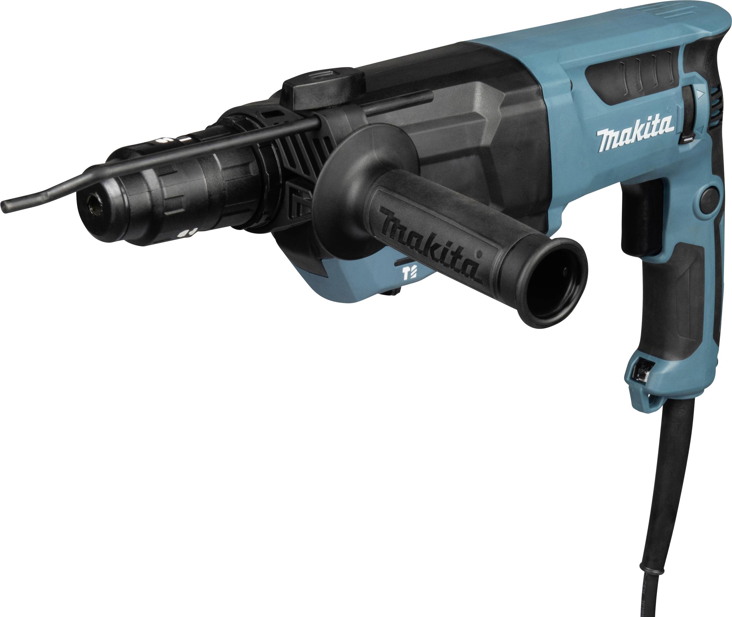 Makita Elektroschlaggerbohrmaschine mit Seitengriff und Stromkabel, dargestellt auf weißem Hintergrund.