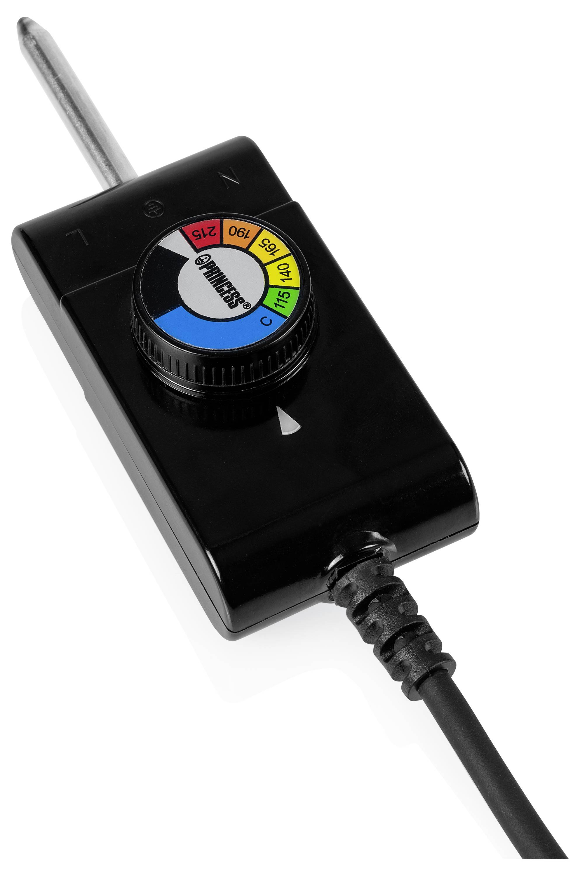 Schwarzer verstellbarer Thermostat-Regler mit Skala von 0 bis 315, angebracht an einer Sonde und einem Stromkabel.