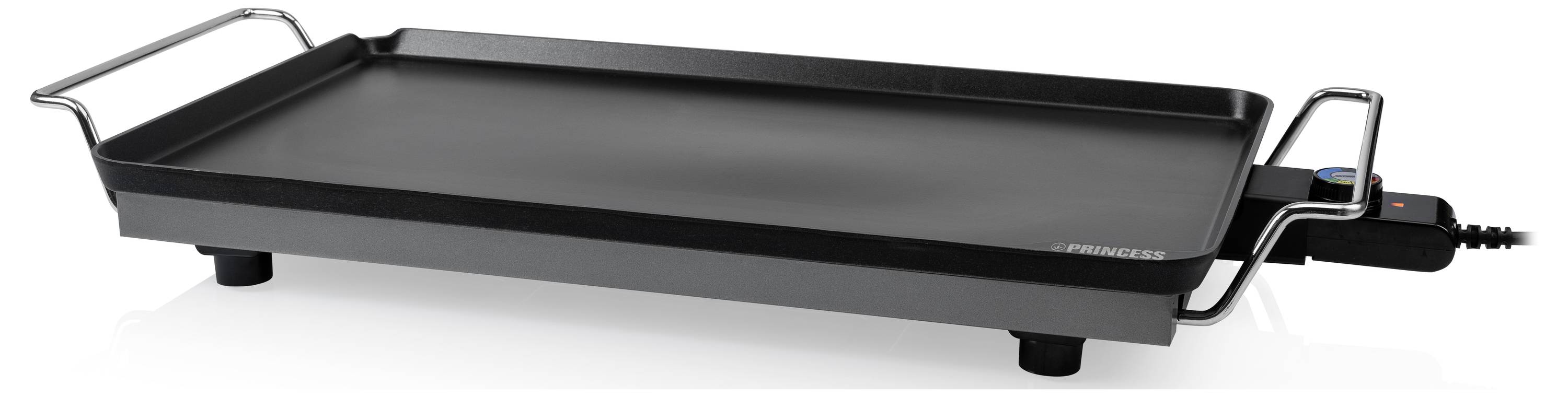 Schwarze elektrische Grillplatte mit langer, flacher Kochfläche und seitlichen Griffen, abgebildet mit einer an der rechten Seite angebrachten Temperaturregelungssonde.