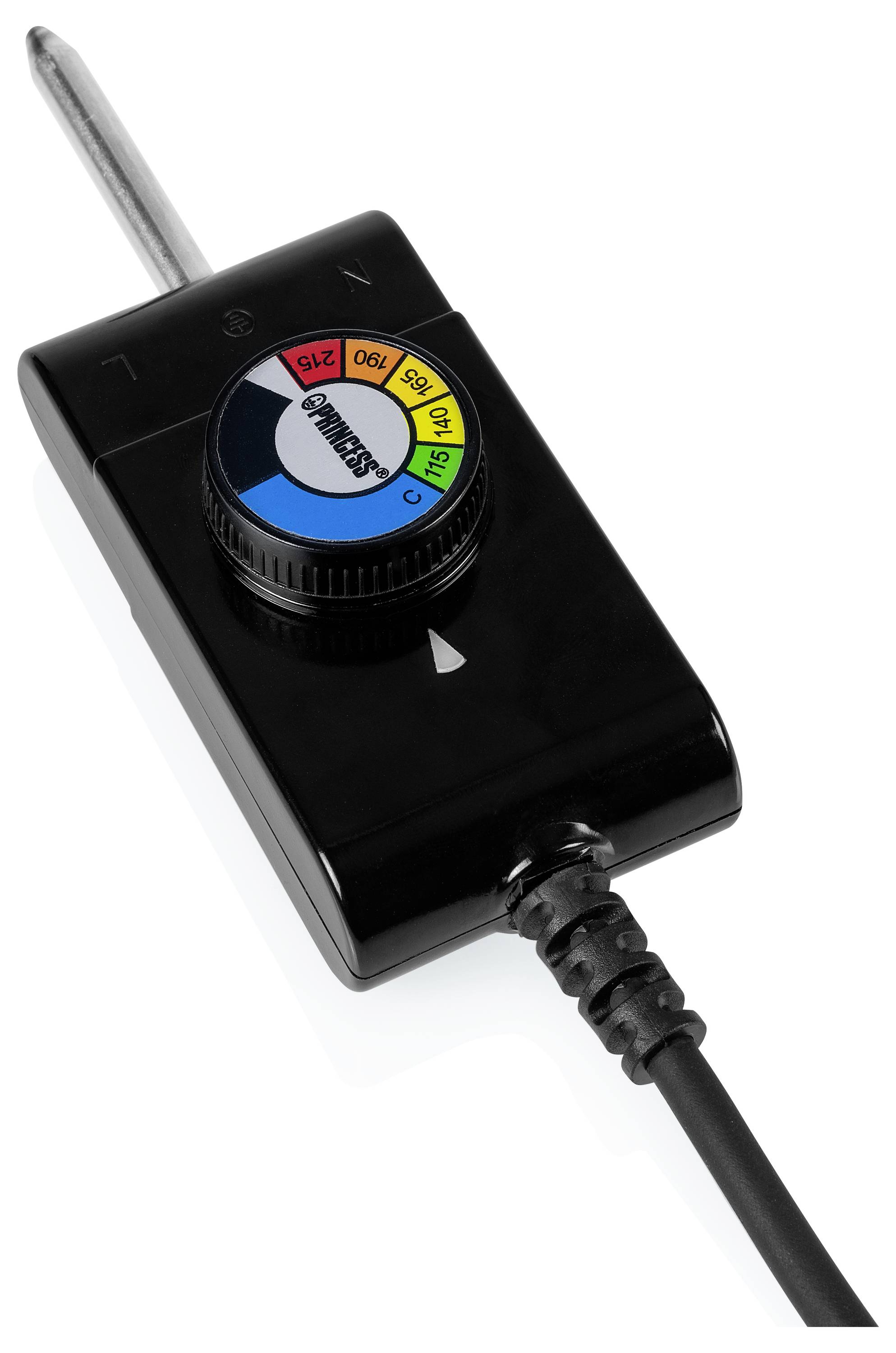 Schwarze Inline-Thermostatregelung mit einer Skala, die Temperatureinstellungen anzeigt, und einem angeschlossenen Stromkabel