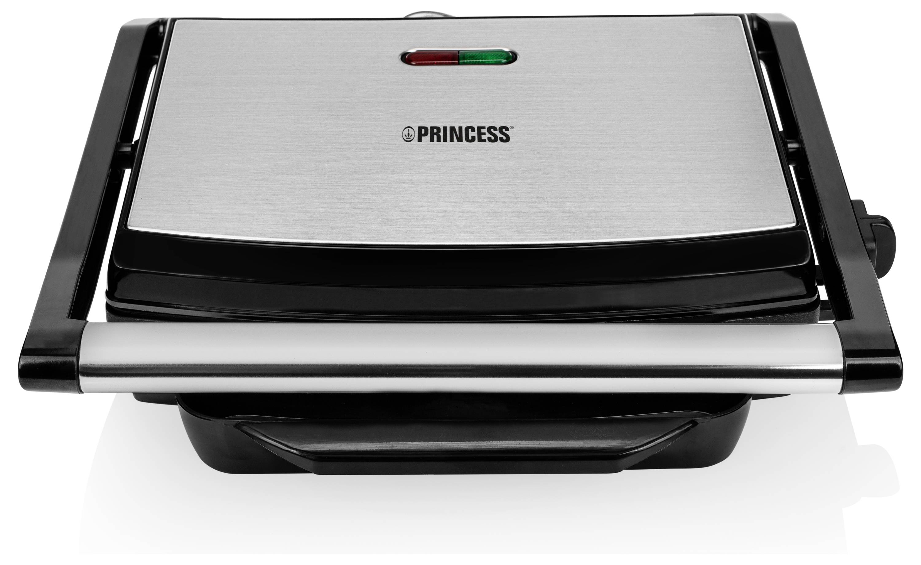 Geschlossener elektrischer Princess-Grill mit gebürstetem silbernem Deckel, schwarzem Gehäuse und roten und grünen Kontrollleuchten.