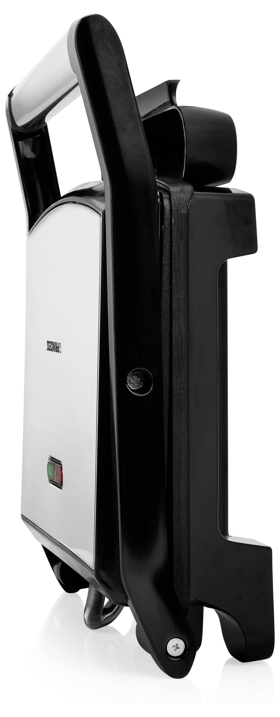 Zusammengeklappter Elektroroller in Seitenansicht mit schwarzem Rahmen und silbernem Frontpanel, isoliert auf weißem Hintergrund.