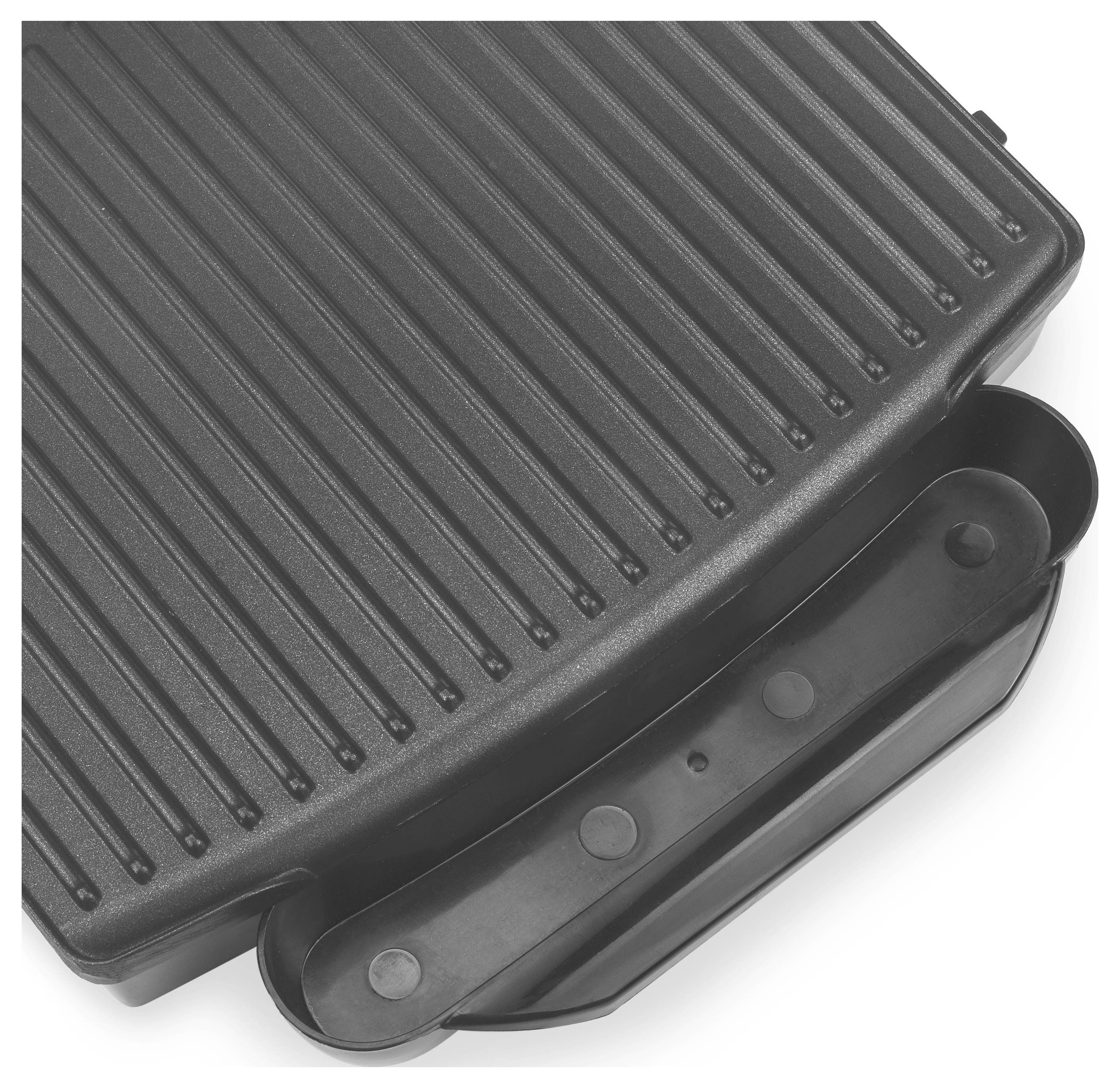 Schwarzer gerippter elektrischer Grill oder Sandwichpresse, geschlossen dargestellt, mit seitlichem Scharnier und sichtbarer Griffbasis auf weißem Hintergrund.