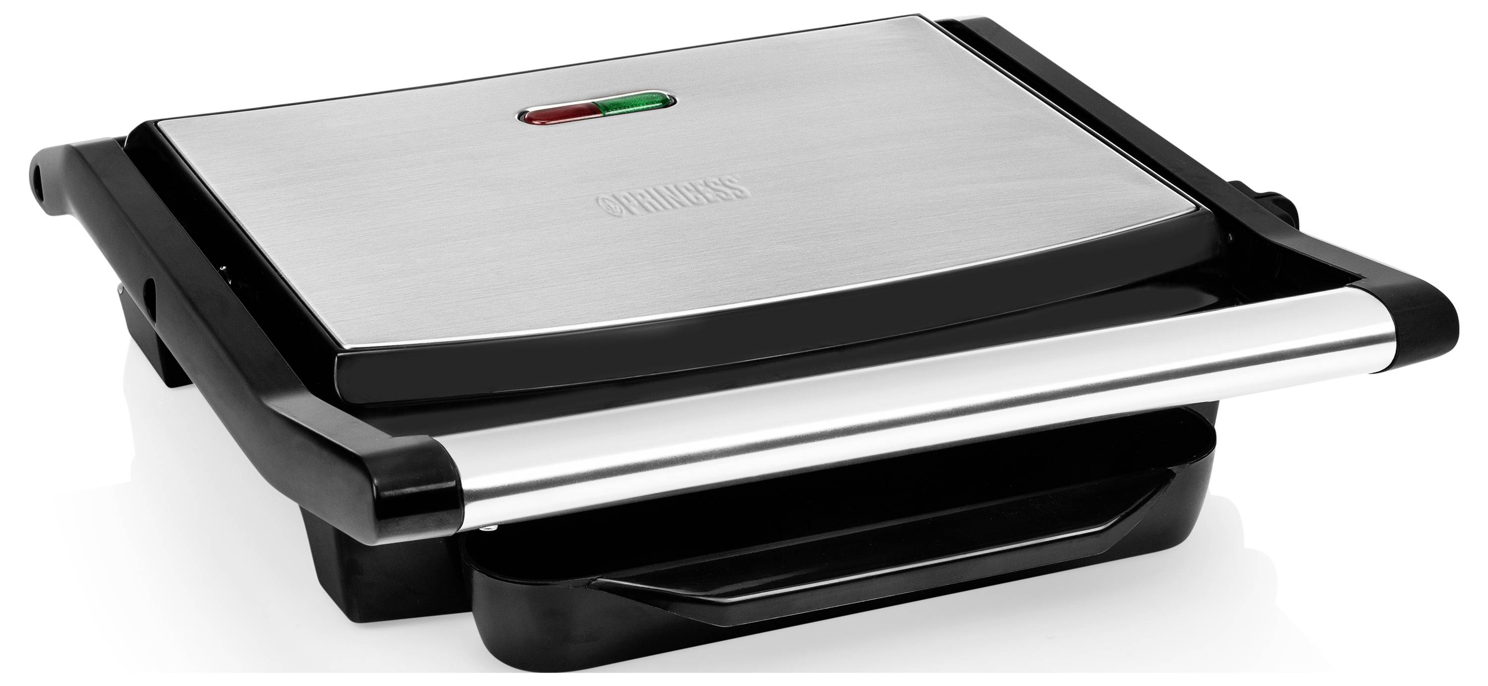 Offene elektrische Grillpresse mit einem getoasteten Sandwich innen, angehobener Deckel und sichtbare obere Heizplatte auf weißem Hintergrund.