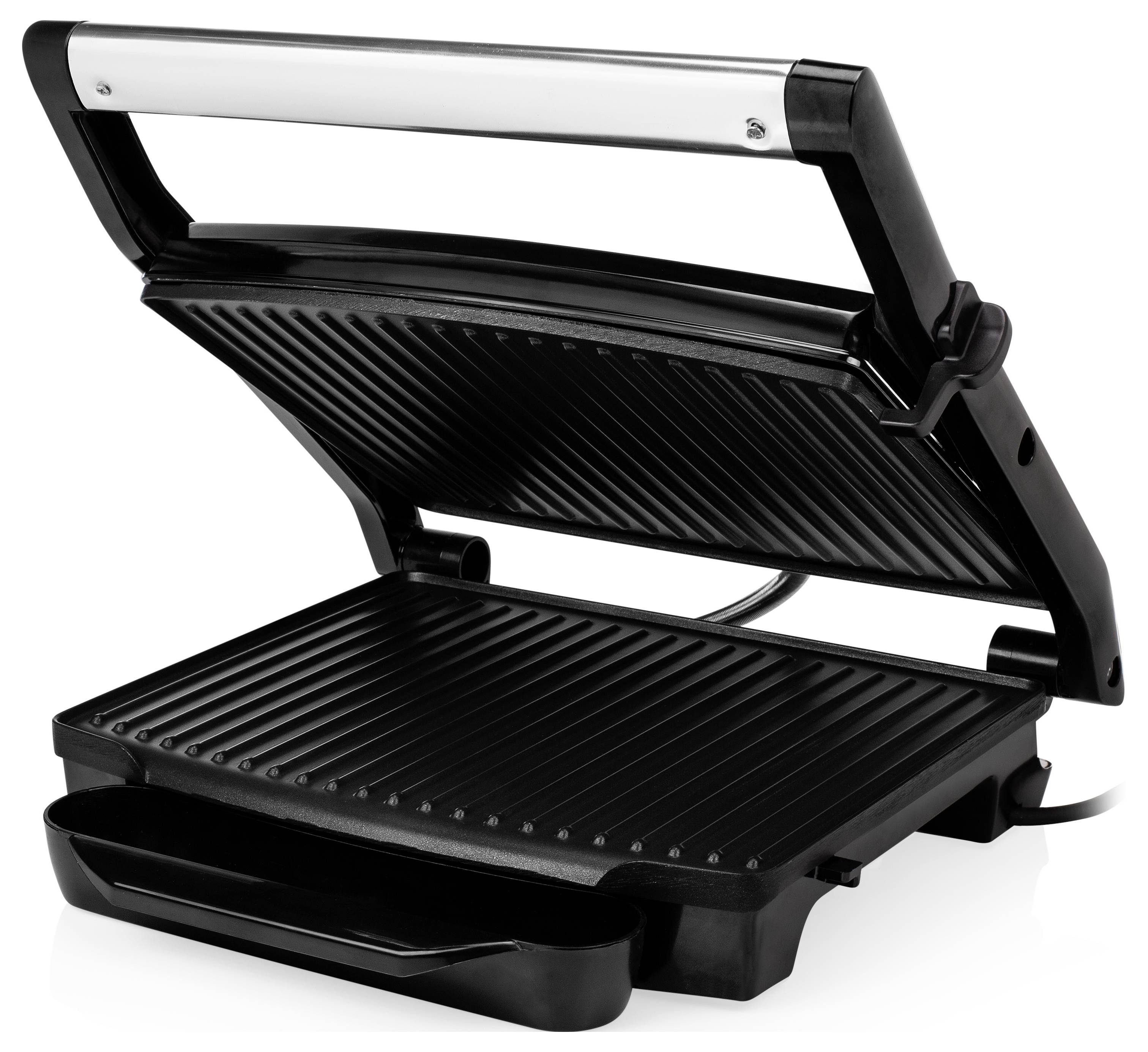 Elektrischer offener Kontaktgrill mit gerillten antihaftbeschichteten Platten und Auffangschale, vor weißem Hintergrund dargestellt.