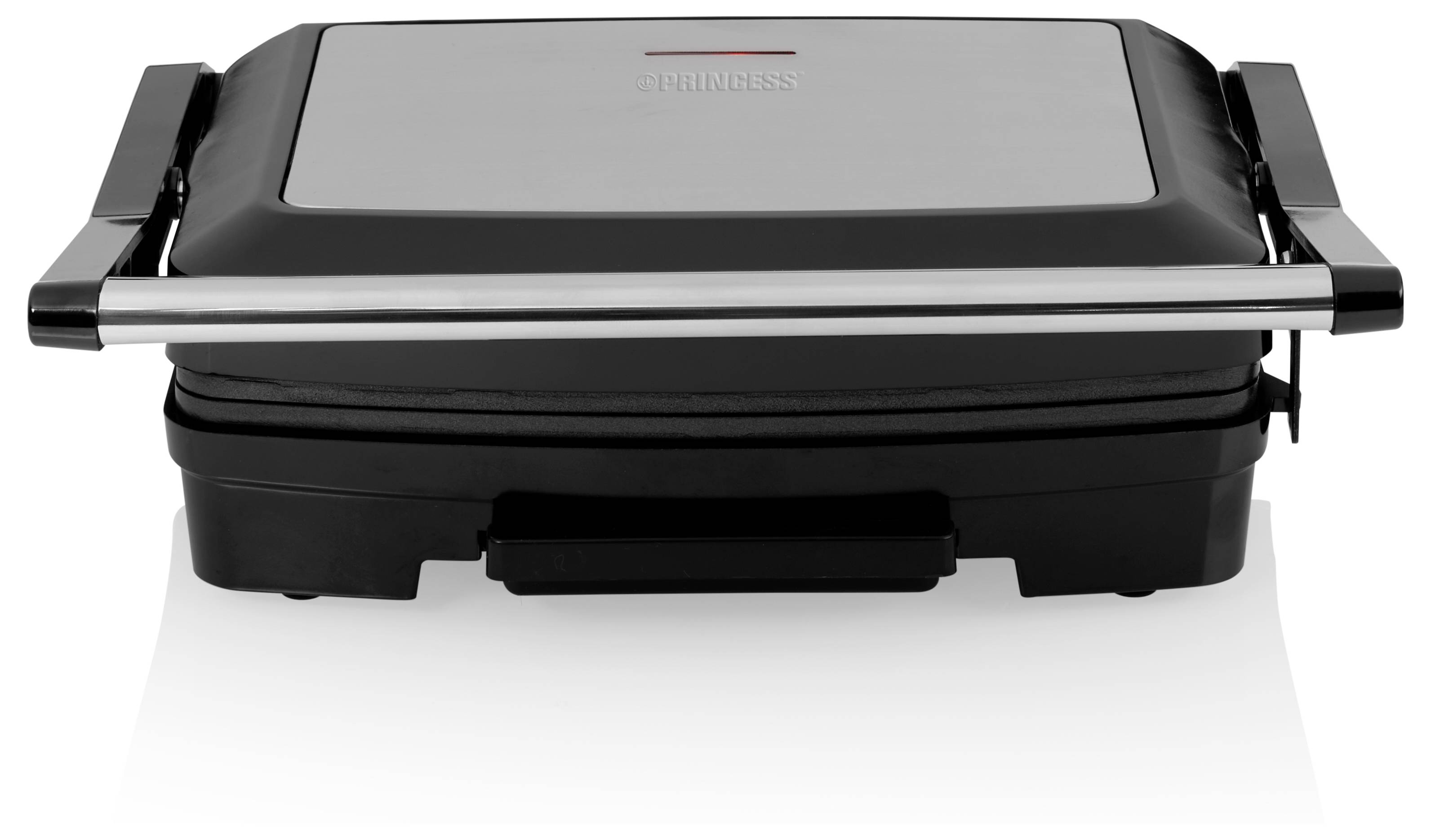 Geschlossener Kontaktgrill aus Schwarz und Silber mit einem vorderen Griff, gezeigt auf weißem Hintergrund.