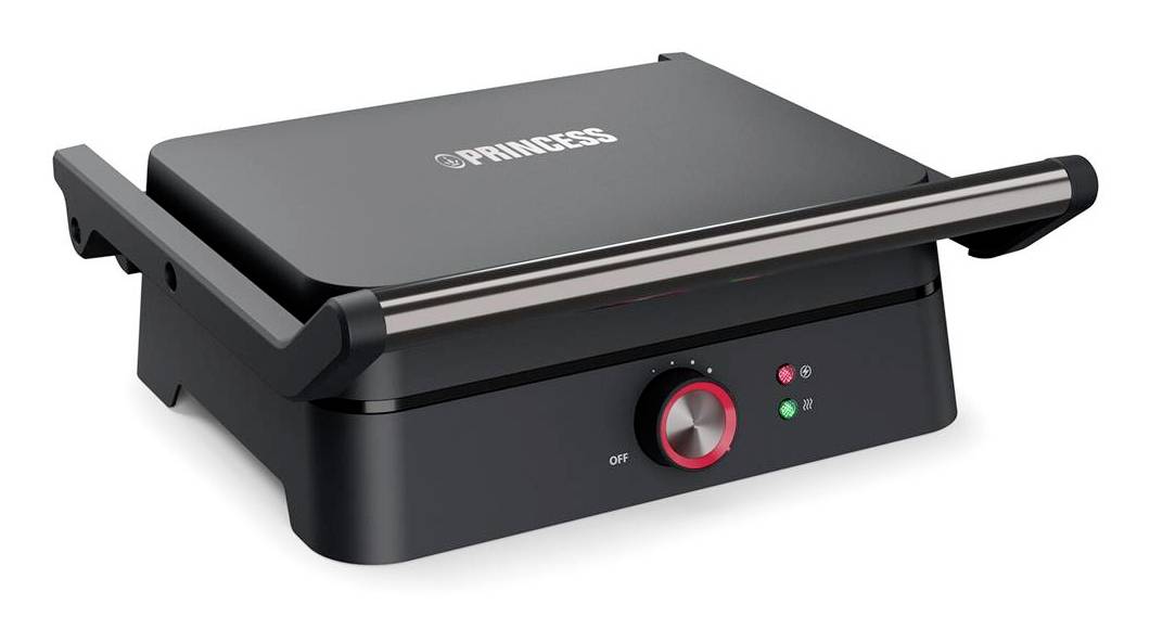 Geschlossener schwarzer Princess-Elektrogrill mit Deckel, Bedienregler an der Vorderseite und Kontrollleuchten auf weißem Hintergrund.