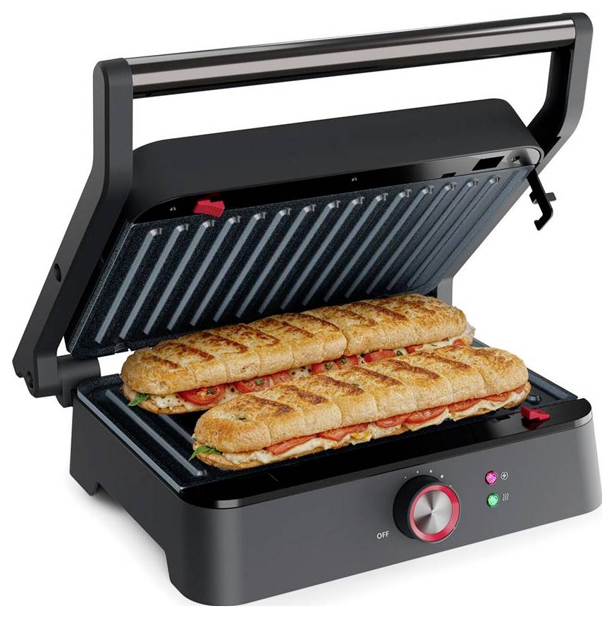 Offene Sandwichpresse grillt zwei lange gefüllte Baguette-Sandwiches, wobei Kontrollleuchten und ein Temperaturregler sichtbar sind.