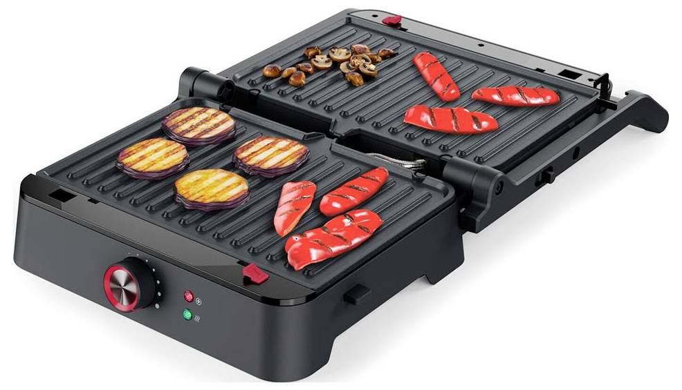 Doppelseitiger elektrischer Grill mit offenen, gerillten Platten zum Garen von Burgern, Garnelen, Würstchen und roten Fischfilets.
