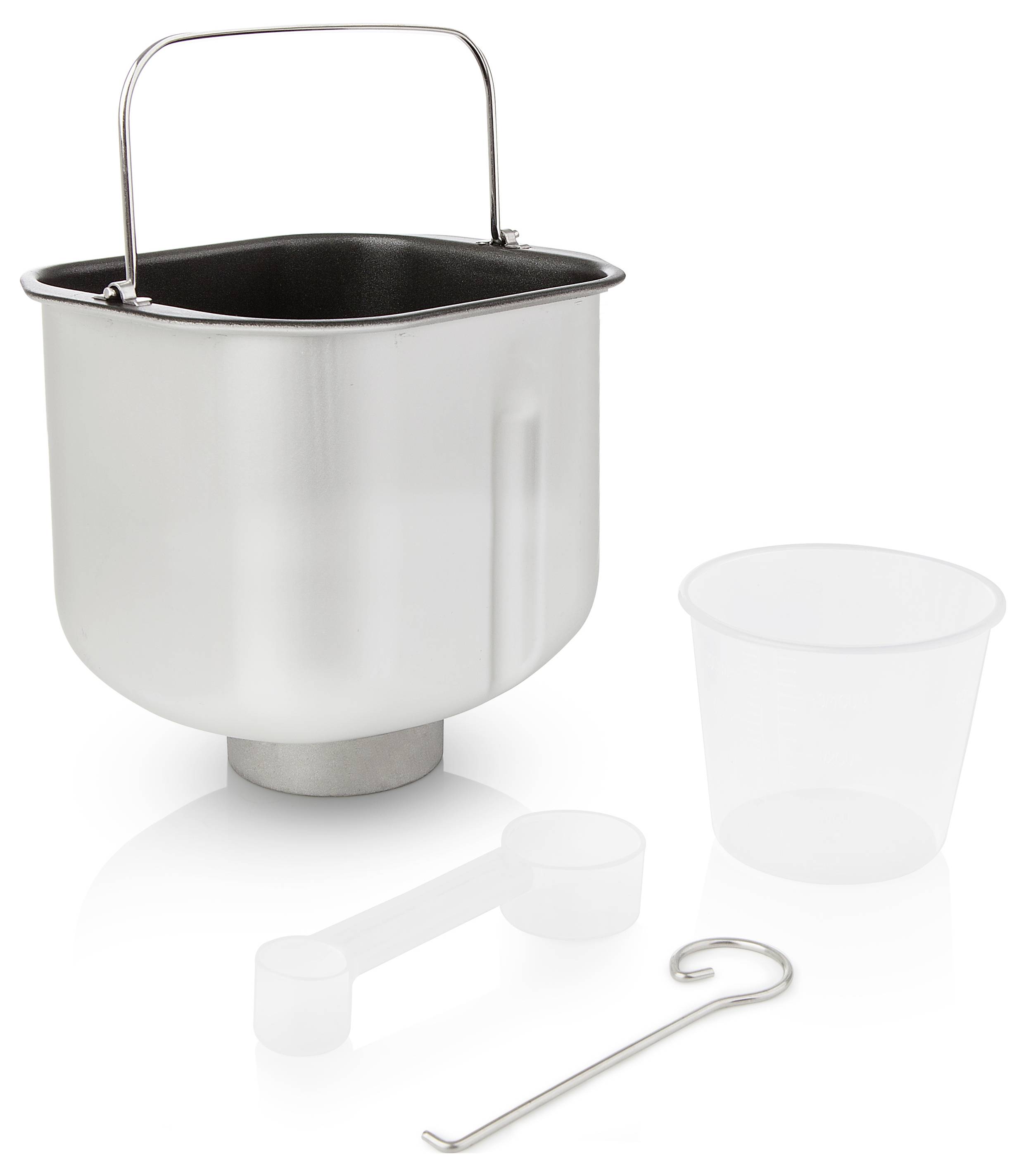 Metallischer Eiscreme-Maker-Behälter mit Griff, transparenter Mischbecher, Messlöffel und metallischer Rührhaken auf weißem Hintergrund.
