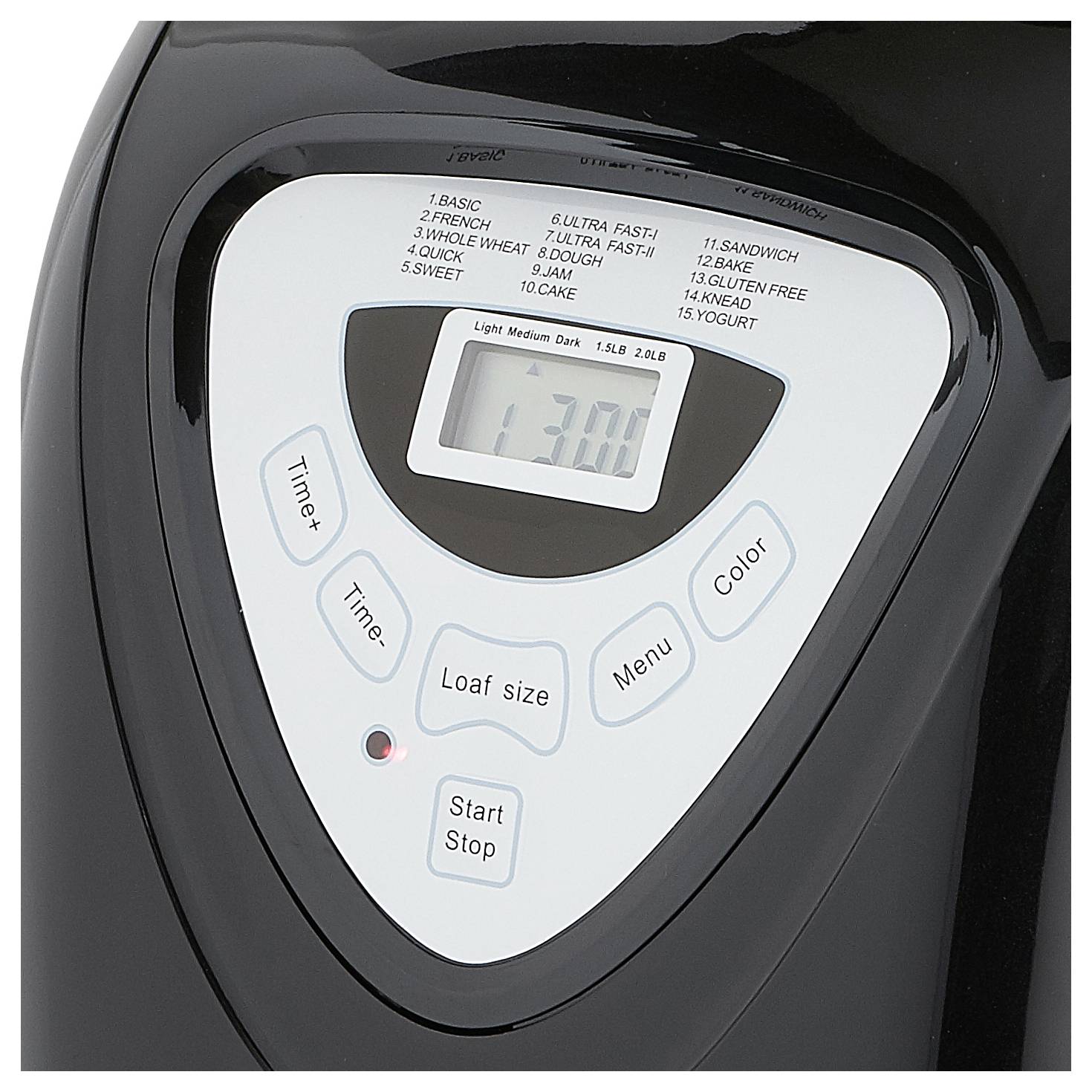 Nahaufnahme eines Bedienfelds einer Brotbackmaschine mit einem digitalen Display, das auf 1:30 eingestellt ist, sowie Tasten für Menü, Laibgröße, Krustenfarbe, Timer und Start/Stopp.