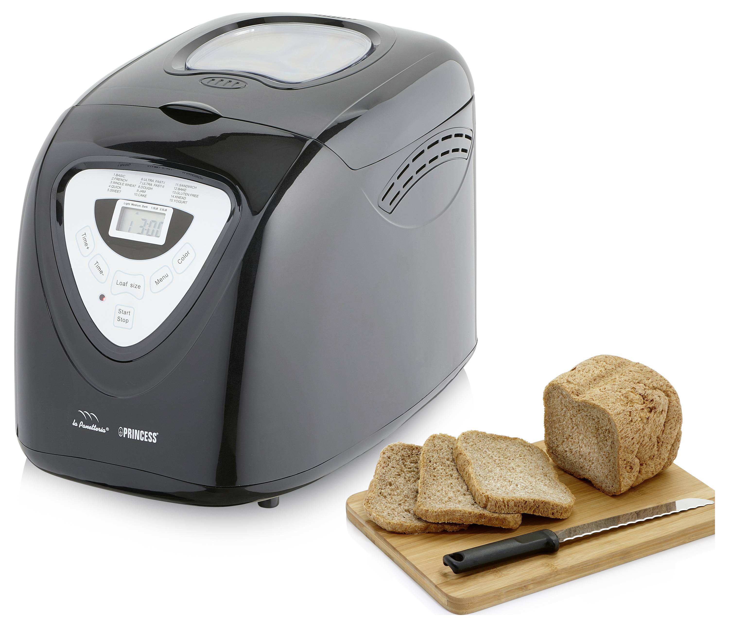 Schwarzbrotmaschine mit digitaler Bedienungsleiste neben einem Schneidebrett mit geschnittener Laib und Messer