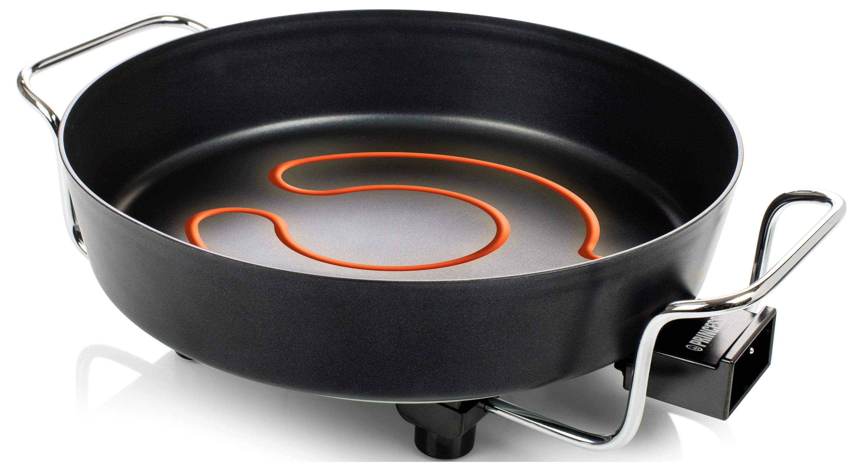 Elektrische Bratpfanne mit schwarzer Antihaftpfanne und glühendem orangefarbenem Heizelement auf weißem Hintergrund.
