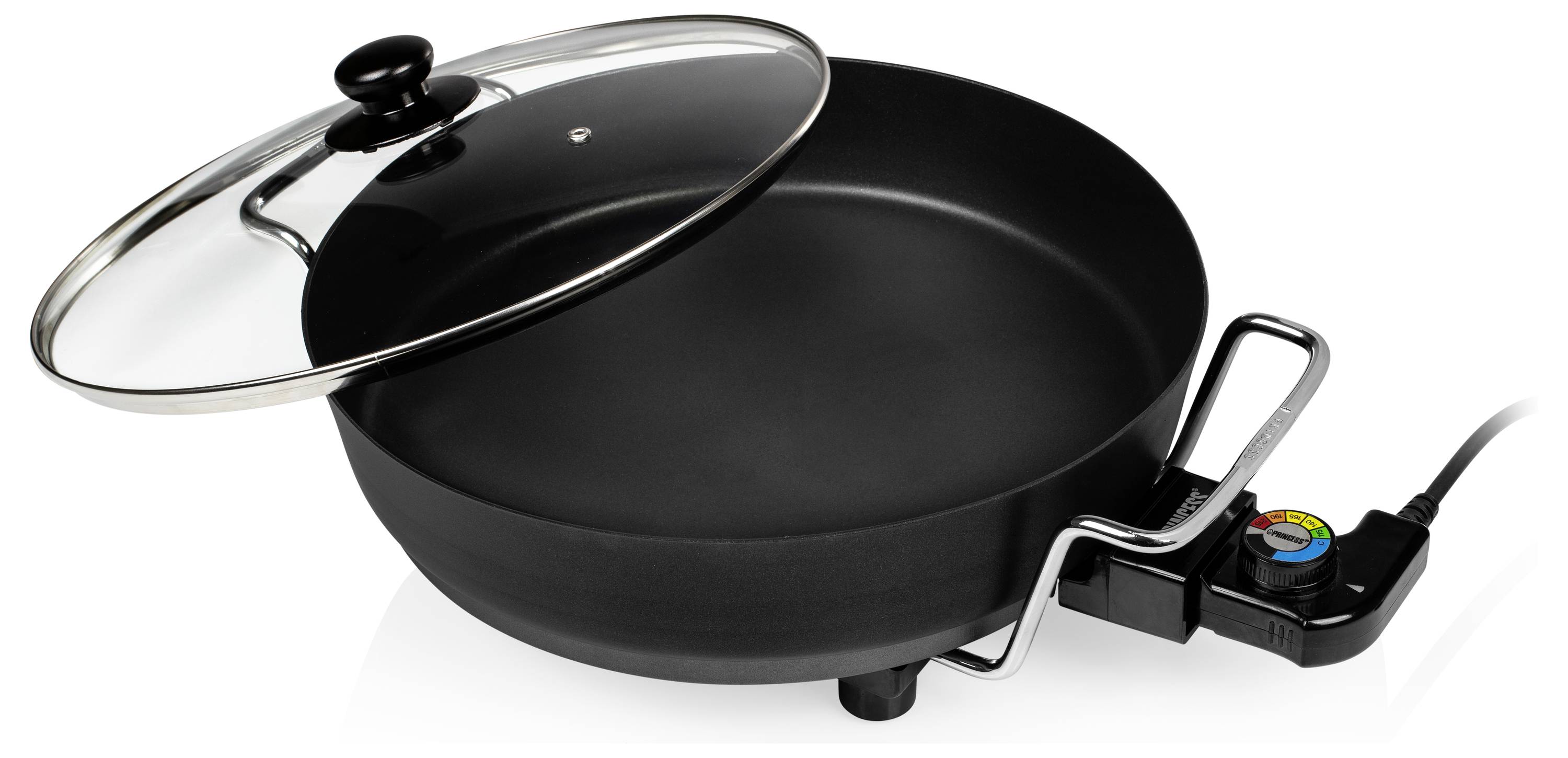 Elektrischer Wok mit Glasdeckel und Temperaturregelungssonde an der Seite befestigt.
