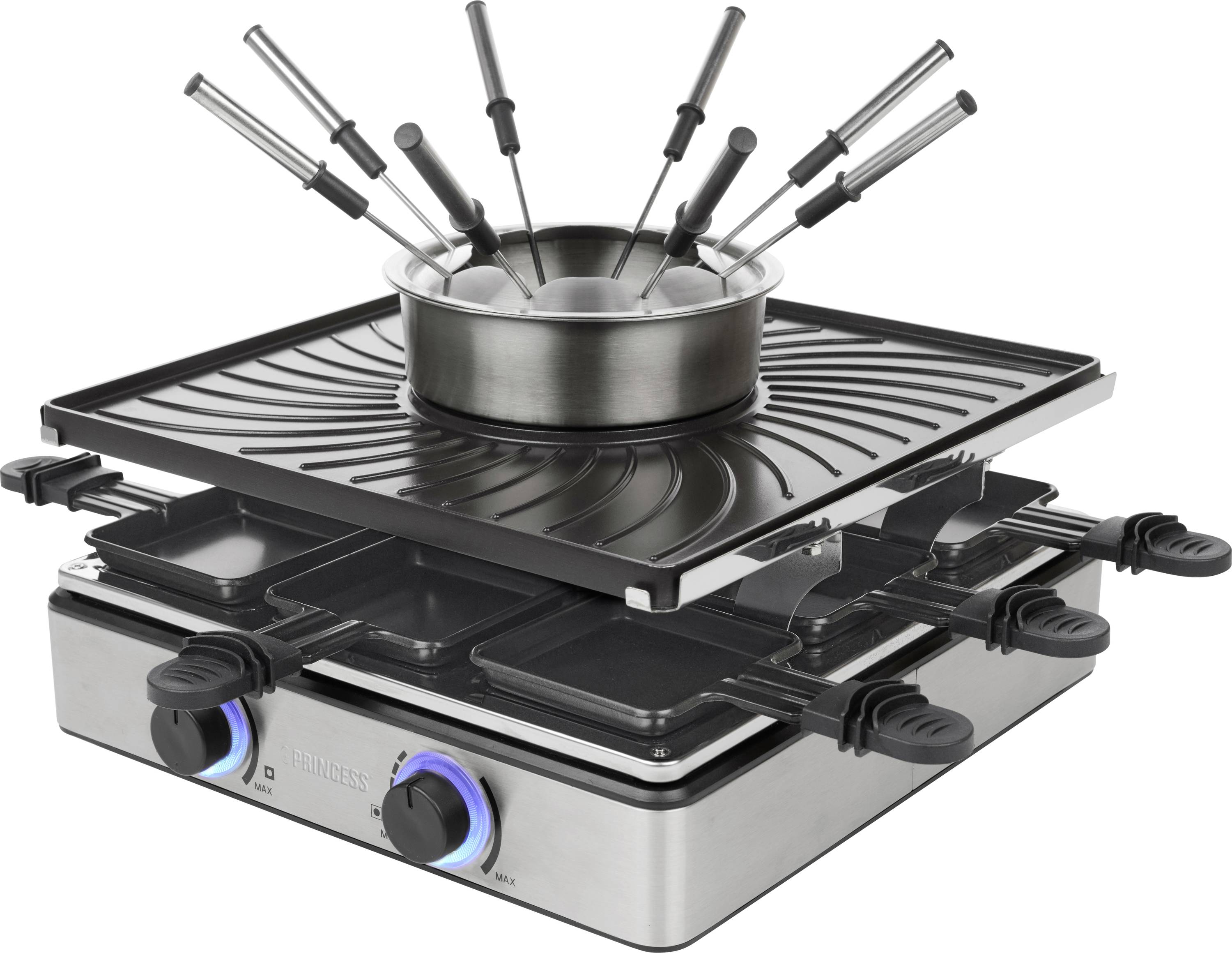 Elektrisches Tischfondue-Set mit sechs Gabel und einem Topf auf einem beheizten Grill über mehreren Serviertabletts.