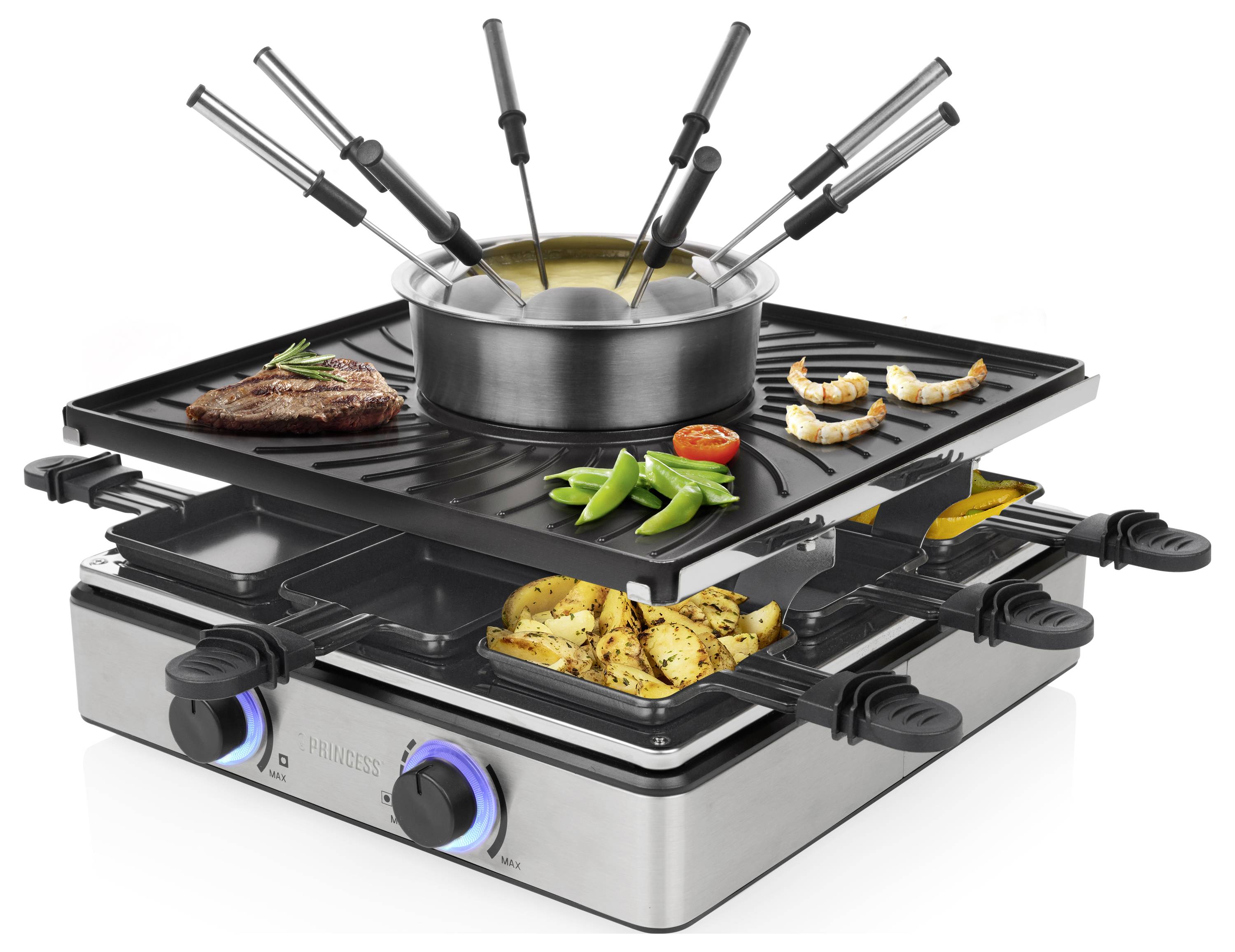 Elektrischer Raclette-Grill mit einem Fondue-Topf oben und kleinen Pfannen darunter, auf denen Steak, Garnelen, Gemüse und Kartoffeln garen