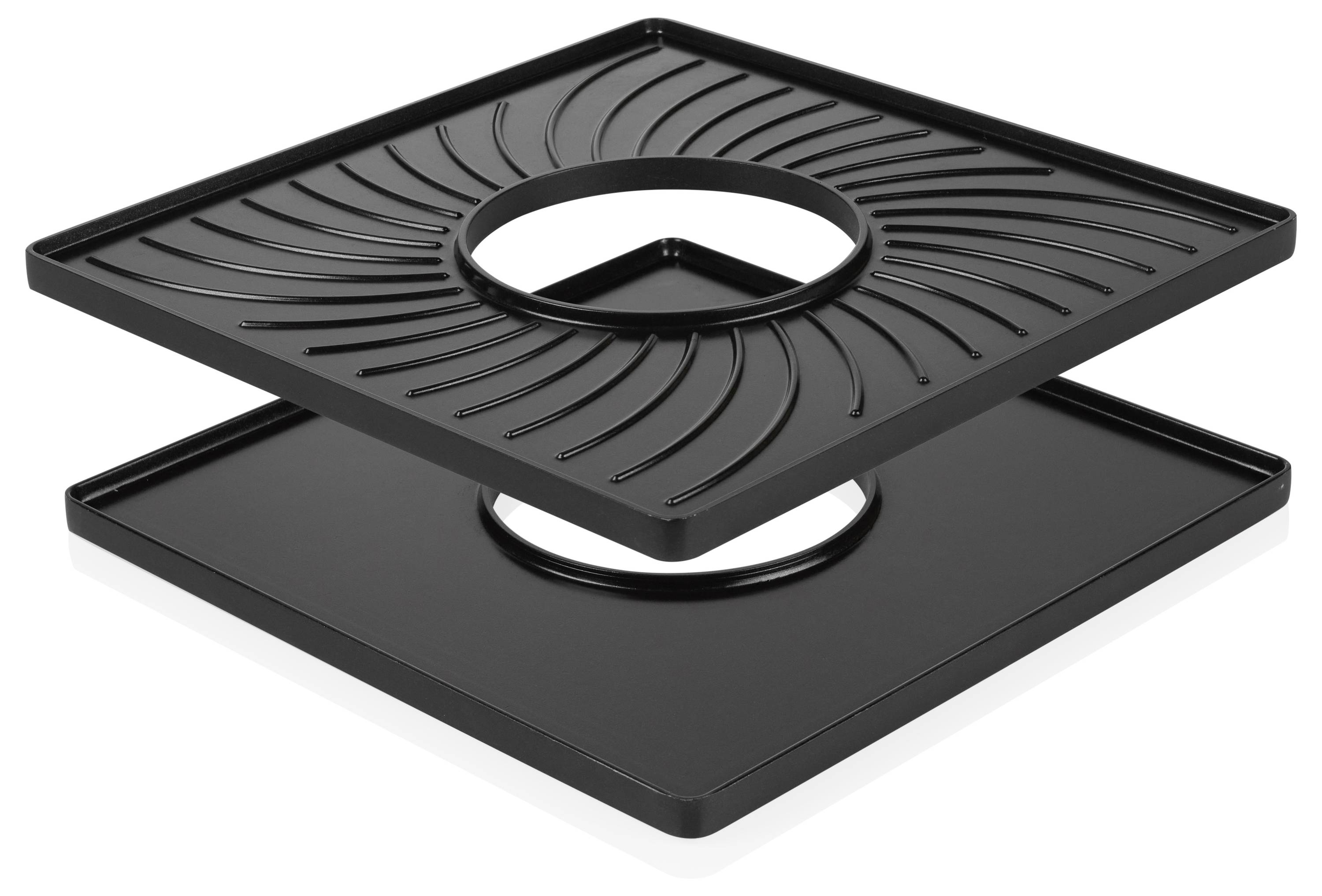 Schwarzer quadratischer Sockelboden mit zwei gestapelten Platten und einer zentralen kreisförmigen Öffnung, dargestellt als produktstypisches 3D-Rendering auf weißem Hintergrund.