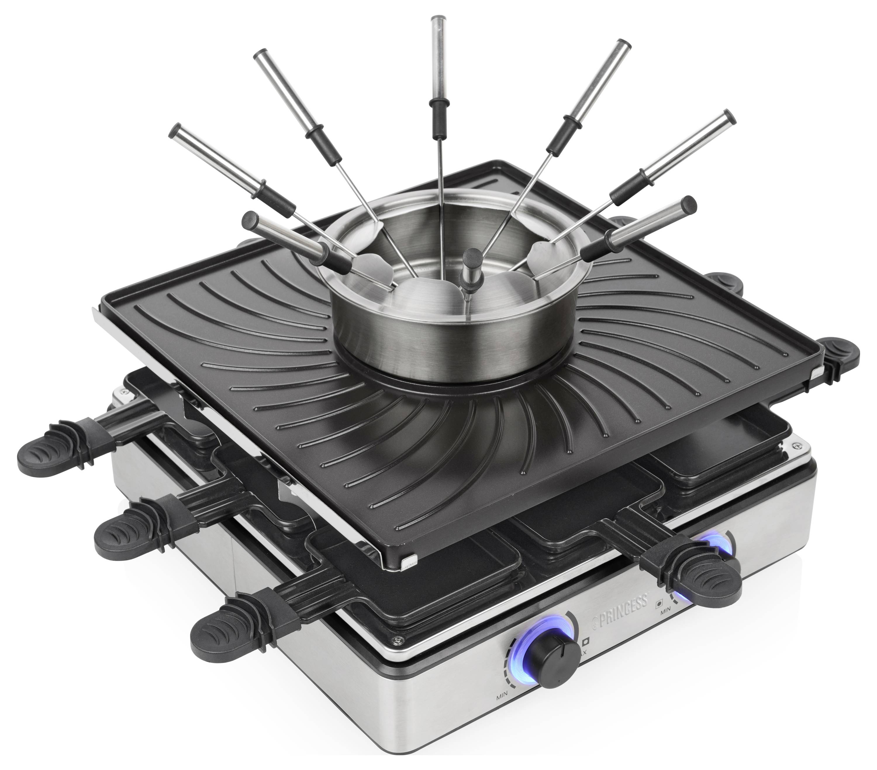 Elektrischer Raclette-Tischgrill mit mehreren Spießen und einem zentralen Fonduetopf auf einer schwarzen Grillplatte, aus einer Produktperspektive abgebildet.