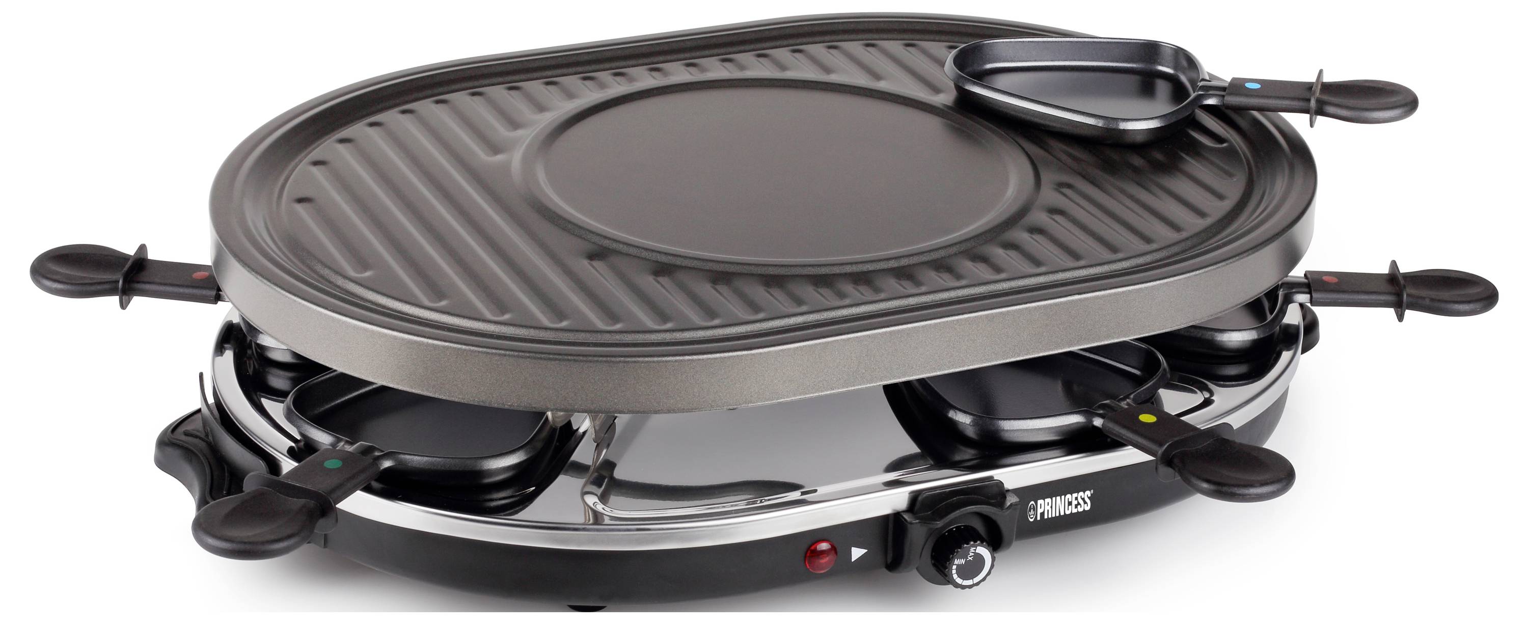 Tragbarer ovaler Tischgrill mit gerillter Kochfläche und kleiner Pfanne oben, dargestellt mit Seitengriffen und Bedienknopf.