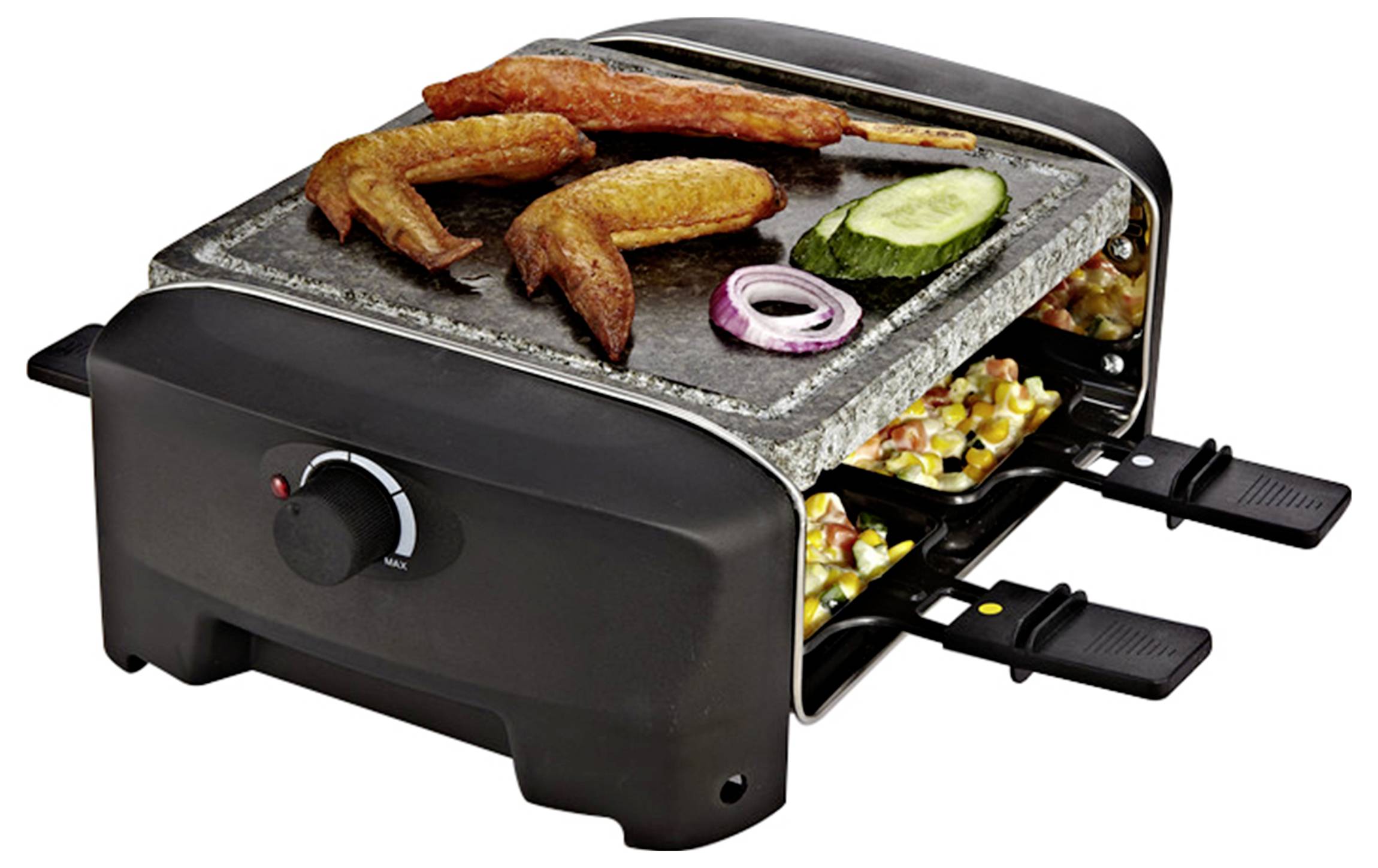 Elektrischer Tischgrill mit oberer Grillplatte zum Garen von Fisch und Gemüse sowie Schubladen darunter mit Mais und anderen Lebensmitteln.