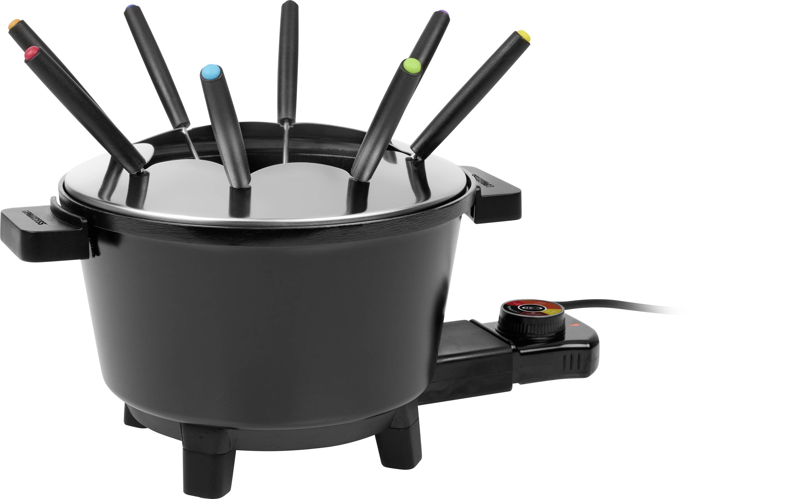 Elektrischer Fondue-Topf mit sechs farbcodierten Spießen und einem Temperaturregelungsschalter, gezeigt auf weißem Hintergrund.