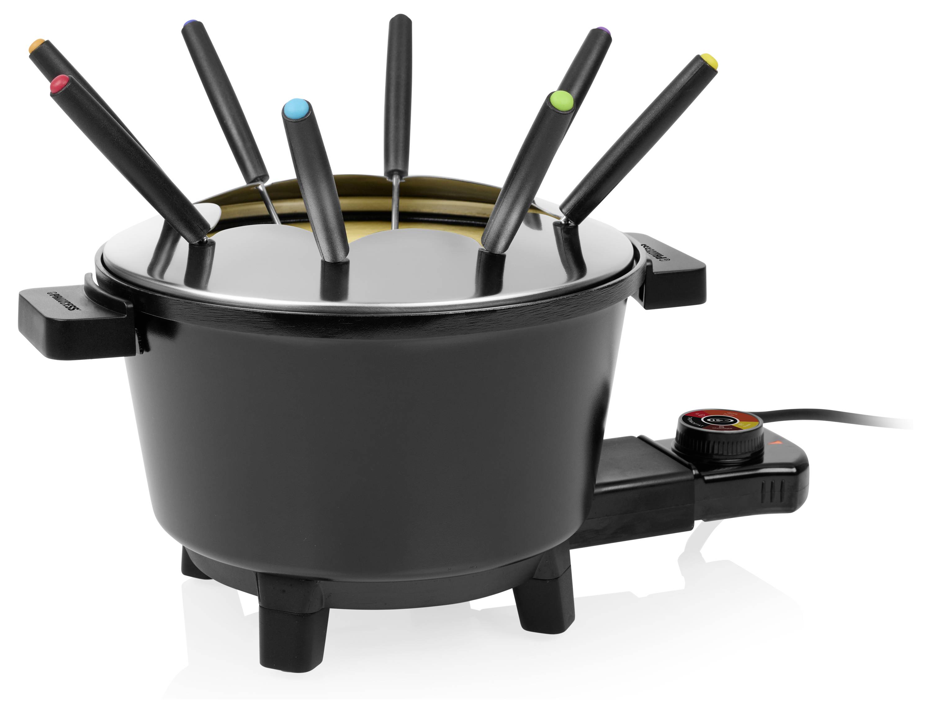 Elektrischer Fondue-Topf mit sechs farbigen Gabelspitzen und einem Temperaturregelschalter auf schwarzer Basis.