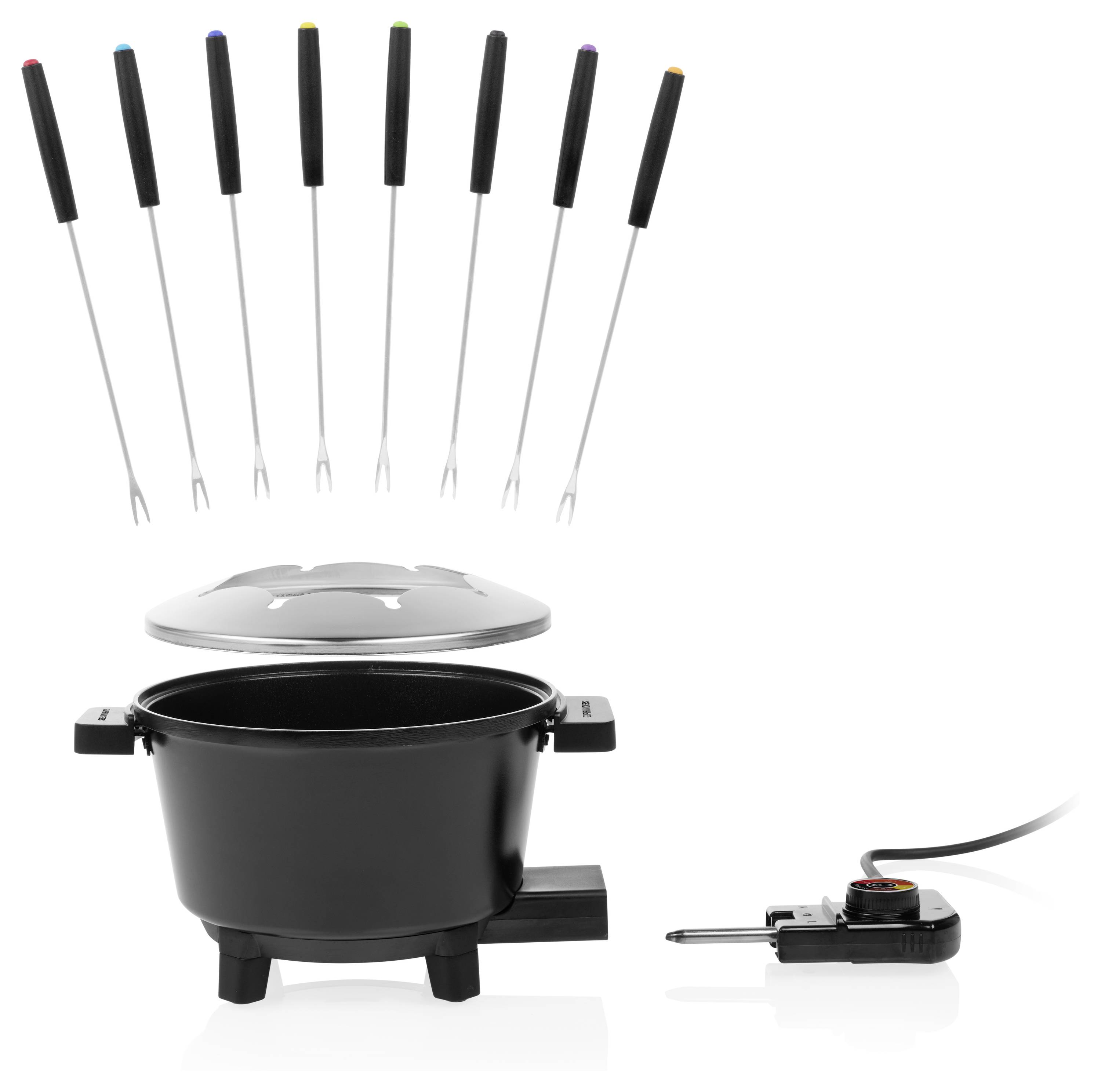 Fondue-Set mit schwarzem Topf, Deckel, elektrischer Basis und acht darüber angeordneten Fondue-Gabel, mit separatem Stromkabel und Steuereinheit.