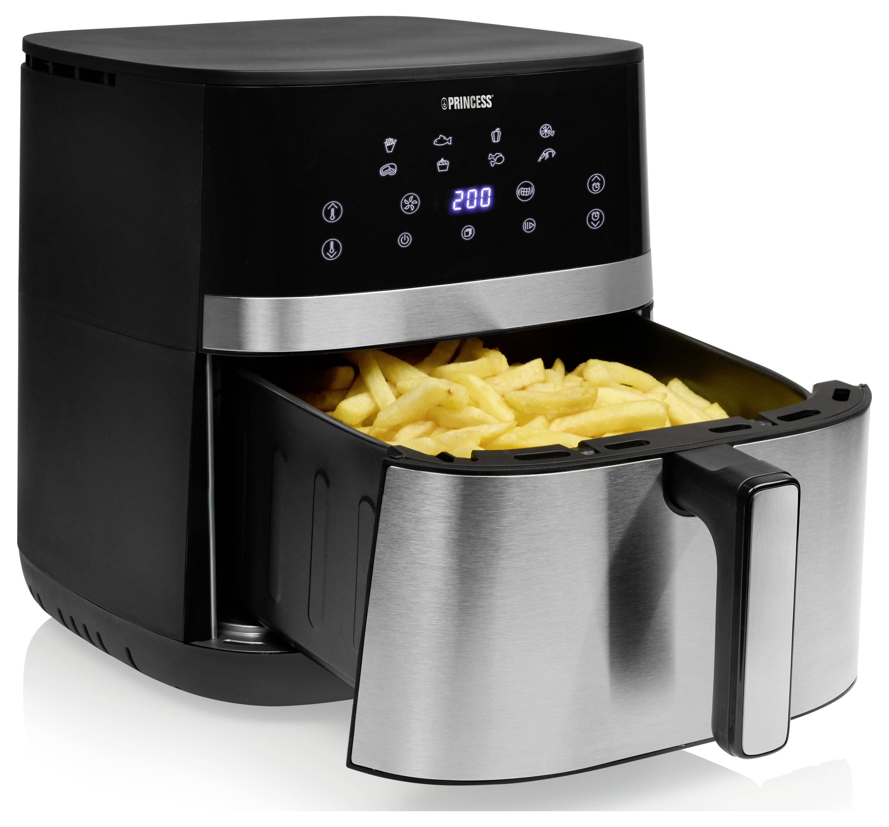 Schwarze Prinzessin-Heißluftfritteuse mit digitaler Anzeige, offene Schublade mit gekochten Pommes frites.