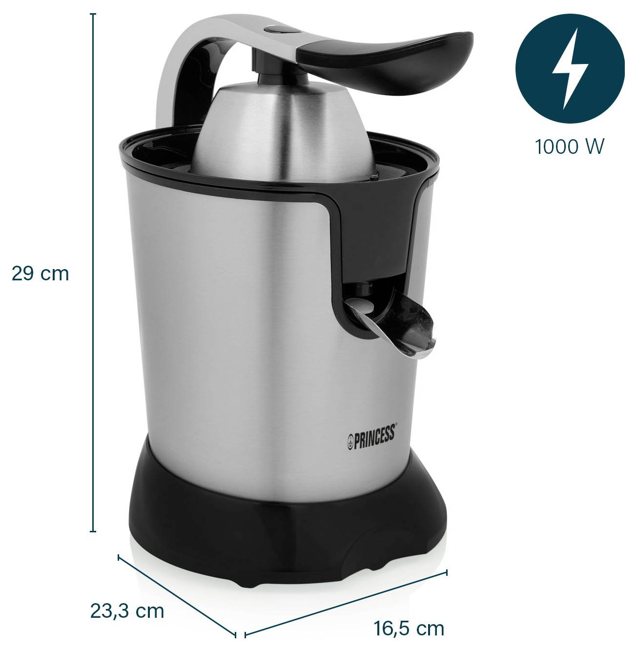 Produktbild einer Edelstahl-Zitruspressen, gezeigt mit Abmessungen von 29 cm Höhe, 23,3 cm Tiefe, 16,5 cm Breite und 1000 W Leistung.