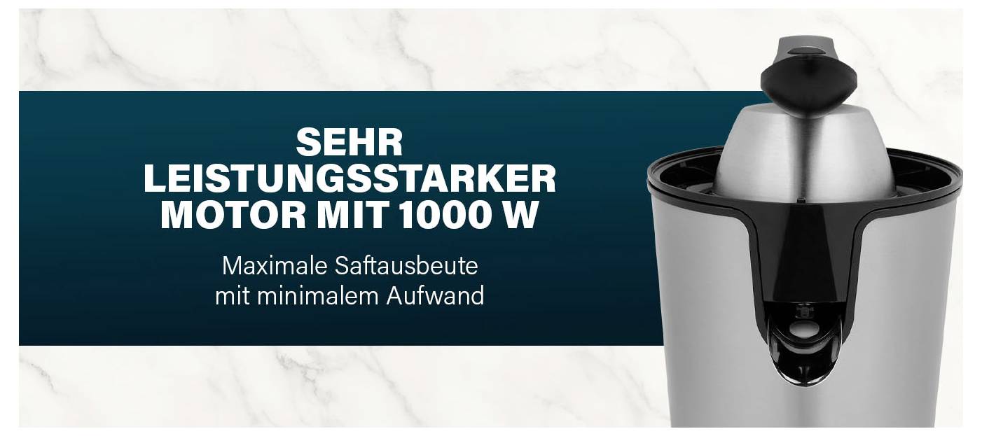 # Werbung für einen Entsafter mit 'SEHR LEISTUNGSSTARKER MOTOR MIT 1000 W' und 'Maximale Saftausbeute mit minimalem Aufwand'; Bild zeigt das Gerät