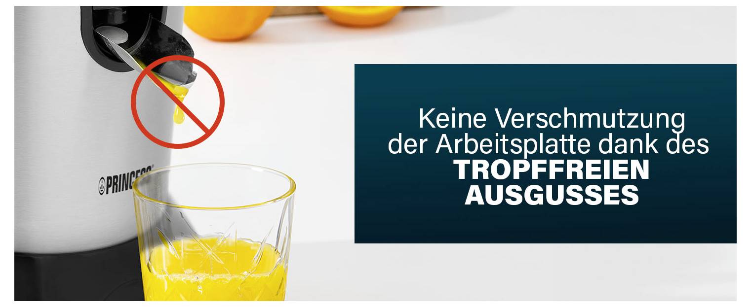 Produktbild mit einem tropffreien Spender, der orange Flüssigkeit in ein Glas gießt, mit deutschem Text: „Keine Verschmutzung der Arbeitsplatte dank des TROPFFREIEN AUSGUSSES