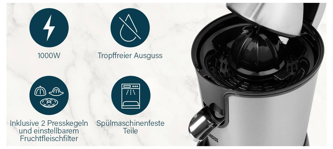 Silberner elektrischer Zitruspressen mit schwarzem Presskonus und Ausguss, dargestellt neben Funktionssymbolen mit den Angaben 1000W, tropfenfreies Ausgießen, spülmaschinenfeste Teile und 2 Presskegel mit verstellbarem Fruchtfleischfilter.