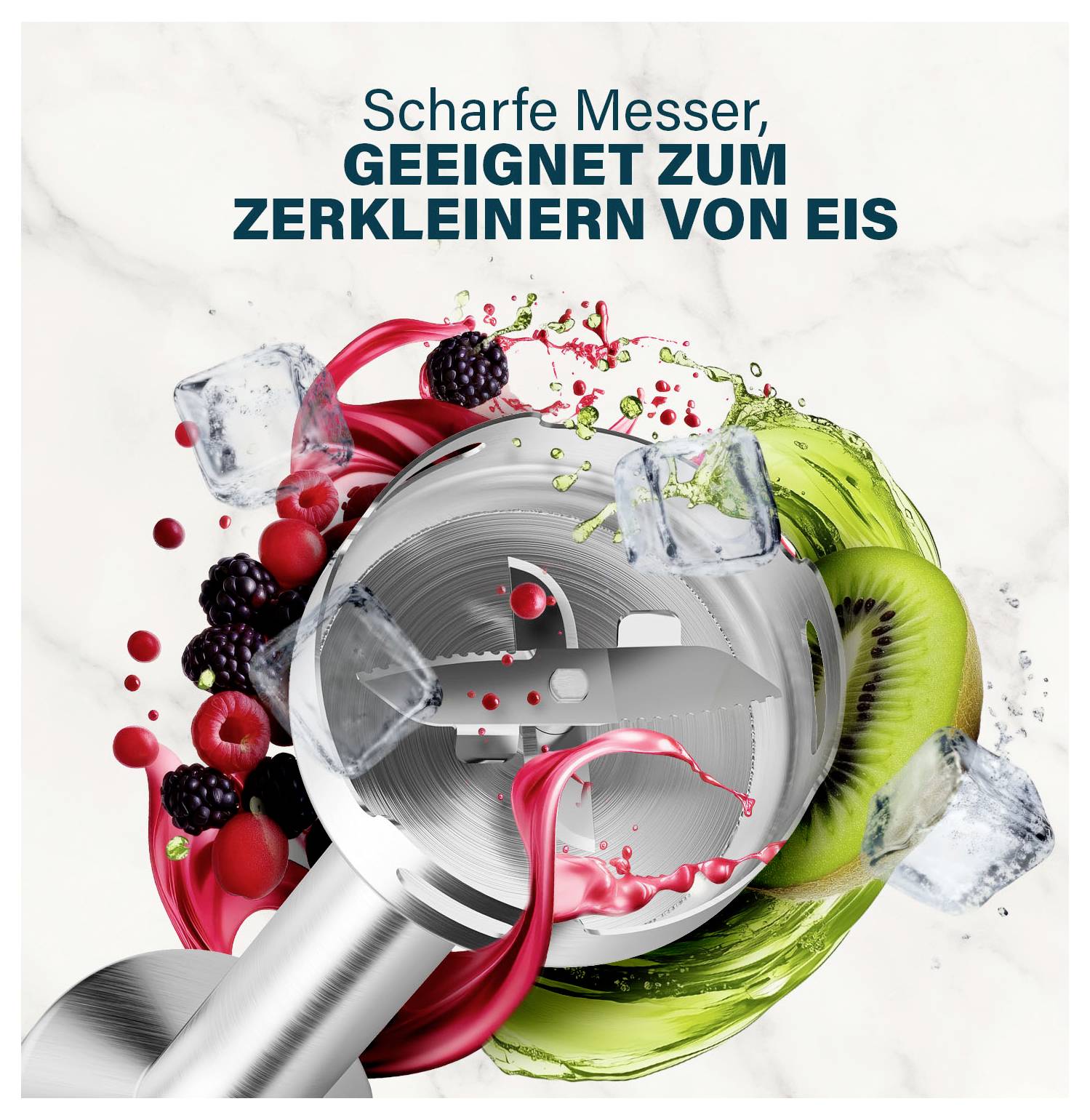 Werbeanzeige mit einem Mixmesser, Obst, Eis und spritzendem Saft, mit dem Text „Scharfe Messer, geeignet zum Zerkleinern von Eis