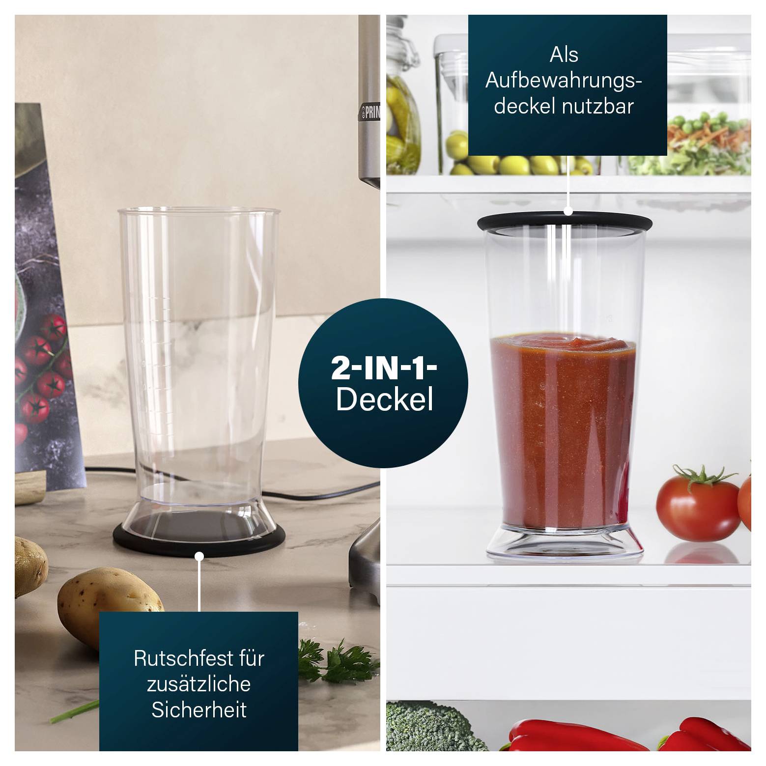 Geteiltes Bild zeigt einen 2-in-1-Glasdeckel: links ein transparentes Trinkglas mit rutschfester Basis auf einer Arbeitsplatte; rechts verwendet als Lebensmittelabdeckung über einem gefüllten Glasgefäß.