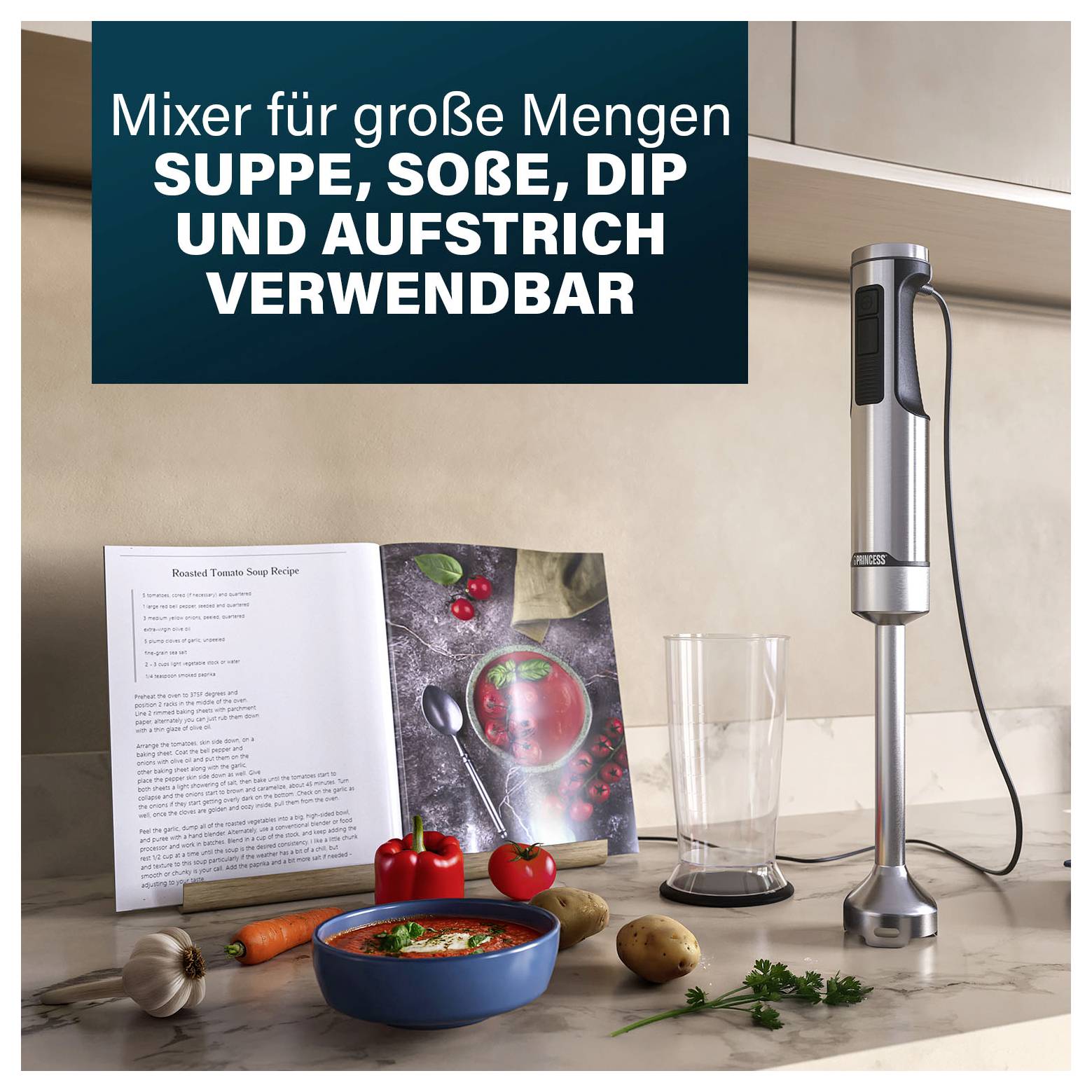 # Mixstab für große MengenSUPPE, SOSSE, DIP UND AUFSTRICH VERWENDBAR[Mixstab abgebildet mit Suppenzutaten und Rezeptkarte]