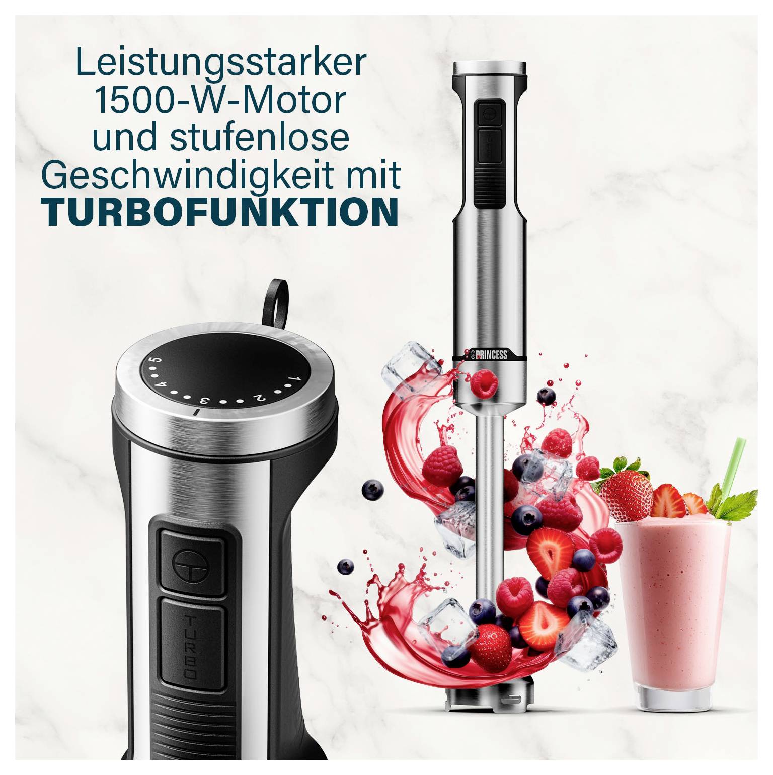 Princess 221233 Stabmixer 1500 W stufenlose Geschwindigkeitseinstellung, mit Messbecher, spülmaschinenfest Silber
