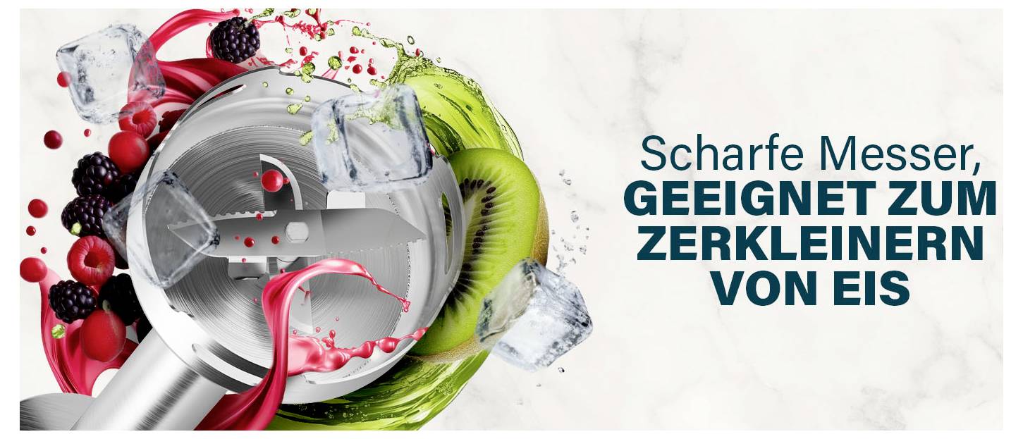 Werbegrafik eines Mixerkopfes, der Eis zerschlägt, mit spritzenden Früchten und roter Flüssigkeit; deutscher Text lautet „Scharfe Messer, geeignet zum Zerkleinern von Eis