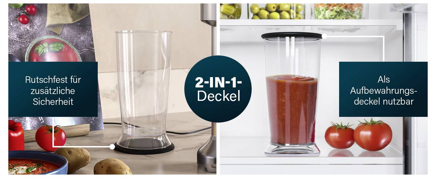 Werbebild eines Mixerglasdeckels mit zwei Verwendungszwecken: zusätzliche Sicherheitspassform und Aufbewahrungsdeckel; zeigt Glas auf der Arbeitsplatte und im Kühlschrank mit Tomaten, beschriftet mit „2-in-1-Deckel