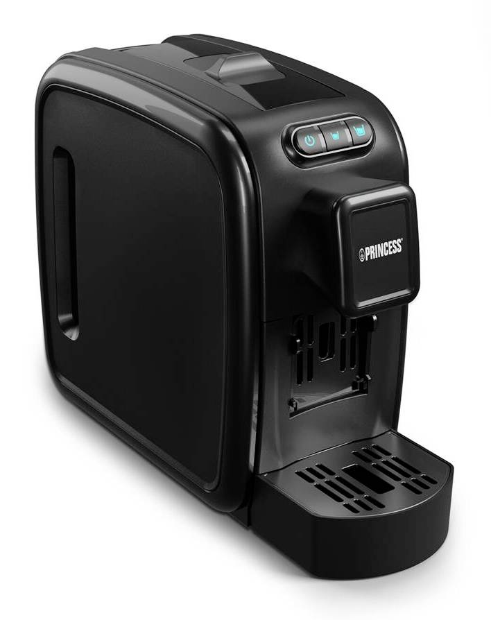 Schwarze kompakte Princess Kaffeemaschine mit Tassenablage und beleuchteten Bedienungstasten, dargestellt auf weißem Hintergrund.