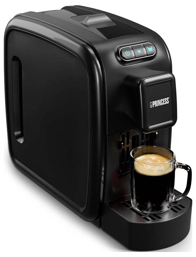 Black Princess Einzelportions-Kaffeemaschine, die Espresso in eine Glastasse auf ihrem Tropfblech ausschenkt.